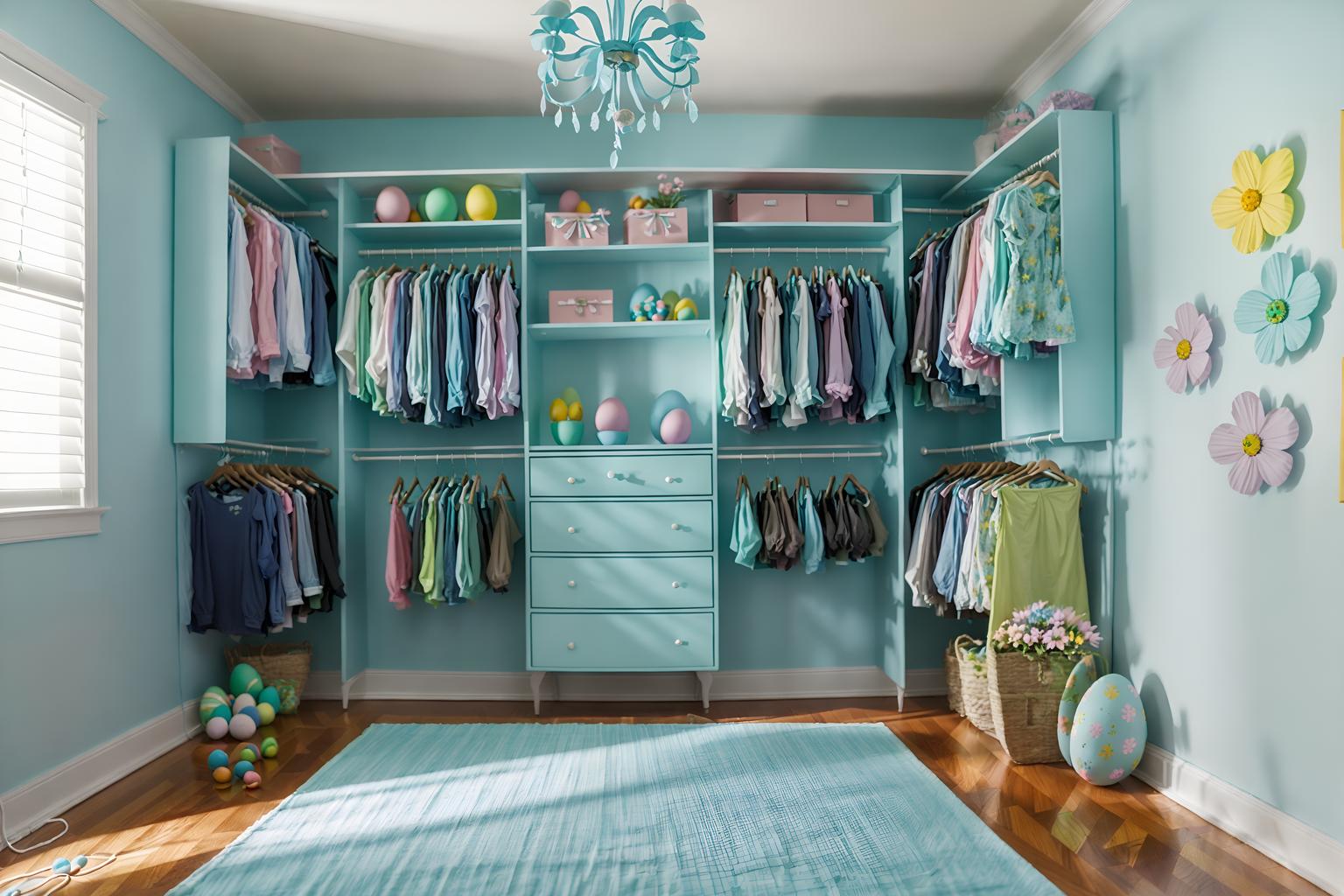 easter-style (walk in closet interior) . with light blue colors and easter decorations and colorful easter eggs and spring decorations and flowers on table and light blue colors. . cinematic photo, highly detailed, cinematic lighting, ultra-detailed, ultrarealistic, photorealism, 8k. easter interior design style. masterpiece, cinematic light, ultrarealistic+, photorealistic+, 8k, raw photo, realistic, sharp focus on eyes, (symmetrical eyes), (intact eyes), hyperrealistic, highest quality, best quality, , highly detailed, masterpiece, best quality, extremely detailed 8k wallpaper, masterpiece, best quality, ultra-detailed, best shadow, detailed background, detailed face, detailed eyes, high contrast, best illumination, detailed face, dulux, caustic, dynamic angle, detailed glow. dramatic lighting. highly detailed, insanely detailed hair, symmetrical, intricate details, professionally retouched, 8k high definition. strong bokeh. award winning photo.