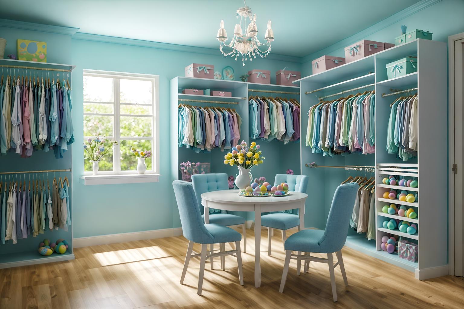 easter-style (walk in closet interior) . with light blue colors and easter decorations and colorful easter eggs and spring decorations and flowers on table and light blue colors. . cinematic photo, highly detailed, cinematic lighting, ultra-detailed, ultrarealistic, photorealism, 8k. easter interior design style. masterpiece, cinematic light, ultrarealistic+, photorealistic+, 8k, raw photo, realistic, sharp focus on eyes, (symmetrical eyes), (intact eyes), hyperrealistic, highest quality, best quality, , highly detailed, masterpiece, best quality, extremely detailed 8k wallpaper, masterpiece, best quality, ultra-detailed, best shadow, detailed background, detailed face, detailed eyes, high contrast, best illumination, detailed face, dulux, caustic, dynamic angle, detailed glow. dramatic lighting. highly detailed, insanely detailed hair, symmetrical, intricate details, professionally retouched, 8k high definition. strong bokeh. award winning photo.