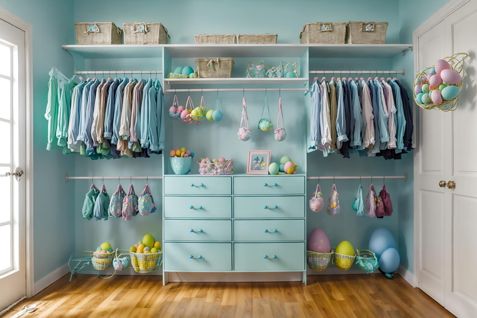 easter-style (walk in closet interior) . with light blue colors and easter decorations and colorful easter eggs and spring decorations and flowers on table and light blue colors. . cinematic photo, highly detailed, cinematic lighting, ultra-detailed, ultrarealistic, photorealism, 8k. easter interior design style. masterpiece, cinematic light, ultrarealistic+, photorealistic+, 8k, raw photo, realistic, sharp focus on eyes, (symmetrical eyes), (intact eyes), hyperrealistic, highest quality, best quality, , highly detailed, masterpiece, best quality, extremely detailed 8k wallpaper, masterpiece, best quality, ultra-detailed, best shadow, detailed background, detailed face, detailed eyes, high contrast, best illumination, detailed face, dulux, caustic, dynamic angle, detailed glow. dramatic lighting. highly detailed, insanely detailed hair, symmetrical, intricate details, professionally retouched, 8k high definition. strong bokeh. award winning photo.