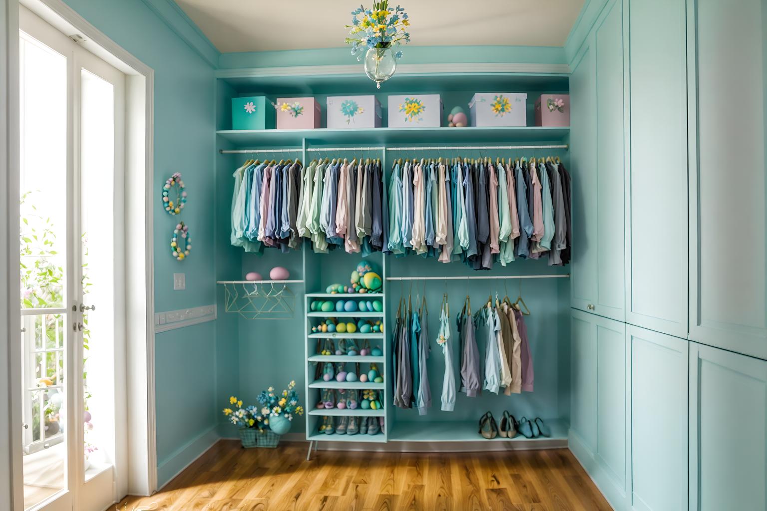 easter-style (walk in closet interior) . with light blue colors and easter decorations and colorful easter eggs and spring decorations and flowers on table and light blue colors. . cinematic photo, highly detailed, cinematic lighting, ultra-detailed, ultrarealistic, photorealism, 8k. easter interior design style. masterpiece, cinematic light, ultrarealistic+, photorealistic+, 8k, raw photo, realistic, sharp focus on eyes, (symmetrical eyes), (intact eyes), hyperrealistic, highest quality, best quality, , highly detailed, masterpiece, best quality, extremely detailed 8k wallpaper, masterpiece, best quality, ultra-detailed, best shadow, detailed background, detailed face, detailed eyes, high contrast, best illumination, detailed face, dulux, caustic, dynamic angle, detailed glow. dramatic lighting. highly detailed, insanely detailed hair, symmetrical, intricate details, professionally retouched, 8k high definition. strong bokeh. award winning photo.