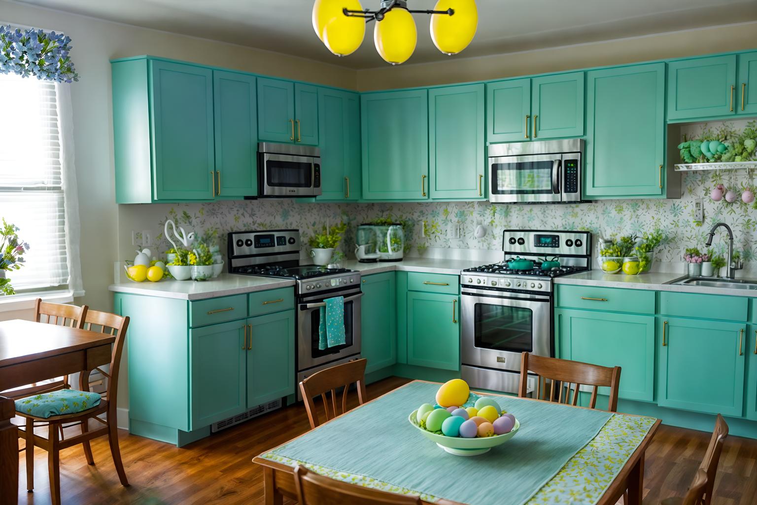 easter-style (kitchen living combo interior) with refrigerator and furniture and occasional tables and kitchen cabinets and plant and sink and plant and sofa. . with easter decorations and spring decorations and flowers on table and colorful easter eggs and light blue colors and easter decorations. . cinematic photo, highly detailed, cinematic lighting, ultra-detailed, ultrarealistic, photorealism, 8k. easter interior design style. masterpiece, cinematic light, ultrarealistic+, photorealistic+, 8k, raw photo, realistic, sharp focus on eyes, (symmetrical eyes), (intact eyes), hyperrealistic, highest quality, best quality, , highly detailed, masterpiece, best quality, extremely detailed 8k wallpaper, masterpiece, best quality, ultra-detailed, best shadow, detailed background, detailed face, detailed eyes, high contrast, best illumination, detailed face, dulux, caustic, dynamic angle, detailed glow. dramatic lighting. highly detailed, insanely detailed hair, symmetrical, intricate details, professionally retouched, 8k high definition. strong bokeh. award winning photo.