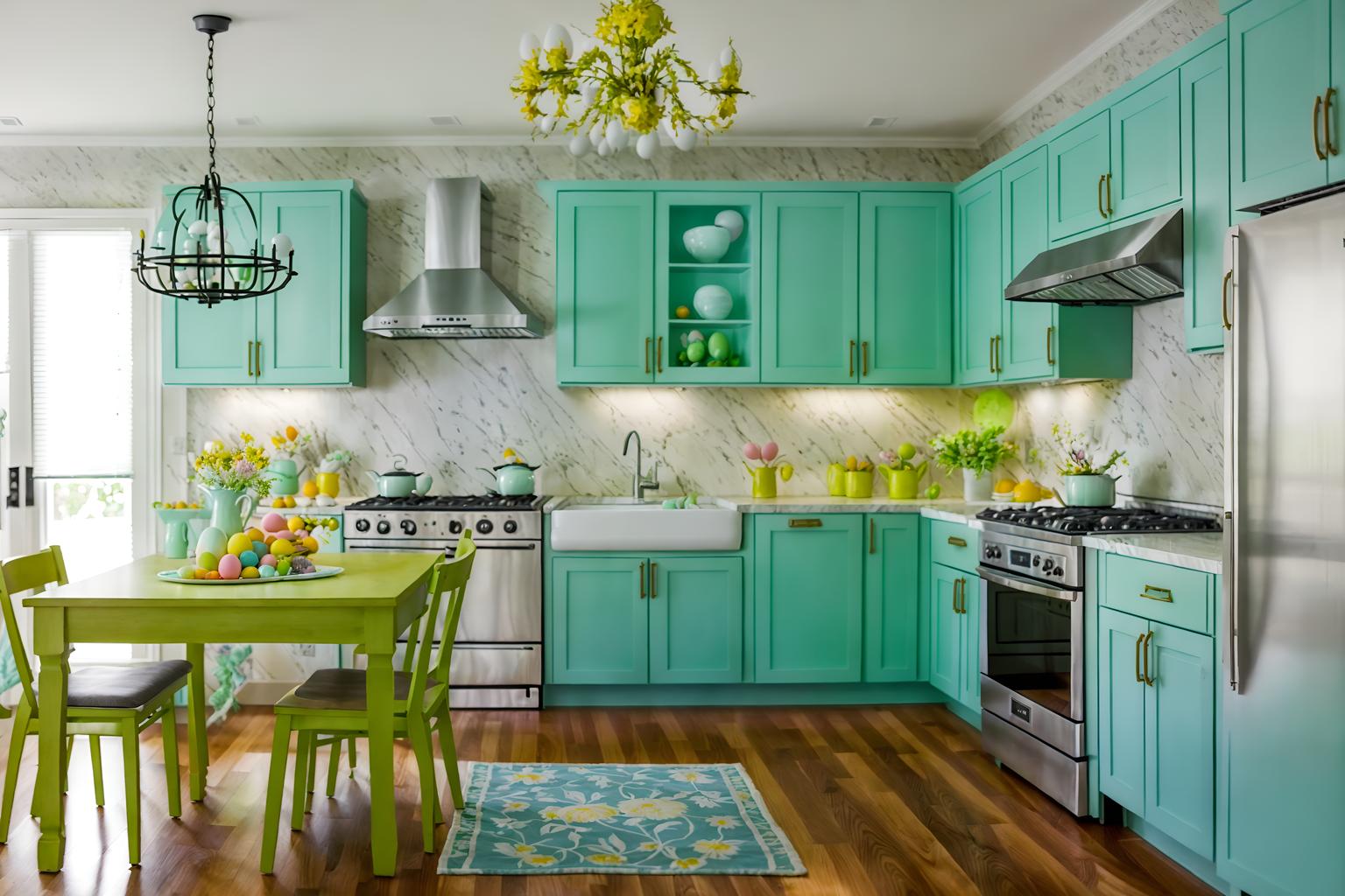 easter-style (kitchen living combo interior) with refrigerator and furniture and occasional tables and kitchen cabinets and plant and sink and plant and sofa. . with easter decorations and spring decorations and flowers on table and colorful easter eggs and light blue colors and easter decorations. . cinematic photo, highly detailed, cinematic lighting, ultra-detailed, ultrarealistic, photorealism, 8k. easter interior design style. masterpiece, cinematic light, ultrarealistic+, photorealistic+, 8k, raw photo, realistic, sharp focus on eyes, (symmetrical eyes), (intact eyes), hyperrealistic, highest quality, best quality, , highly detailed, masterpiece, best quality, extremely detailed 8k wallpaper, masterpiece, best quality, ultra-detailed, best shadow, detailed background, detailed face, detailed eyes, high contrast, best illumination, detailed face, dulux, caustic, dynamic angle, detailed glow. dramatic lighting. highly detailed, insanely detailed hair, symmetrical, intricate details, professionally retouched, 8k high definition. strong bokeh. award winning photo.