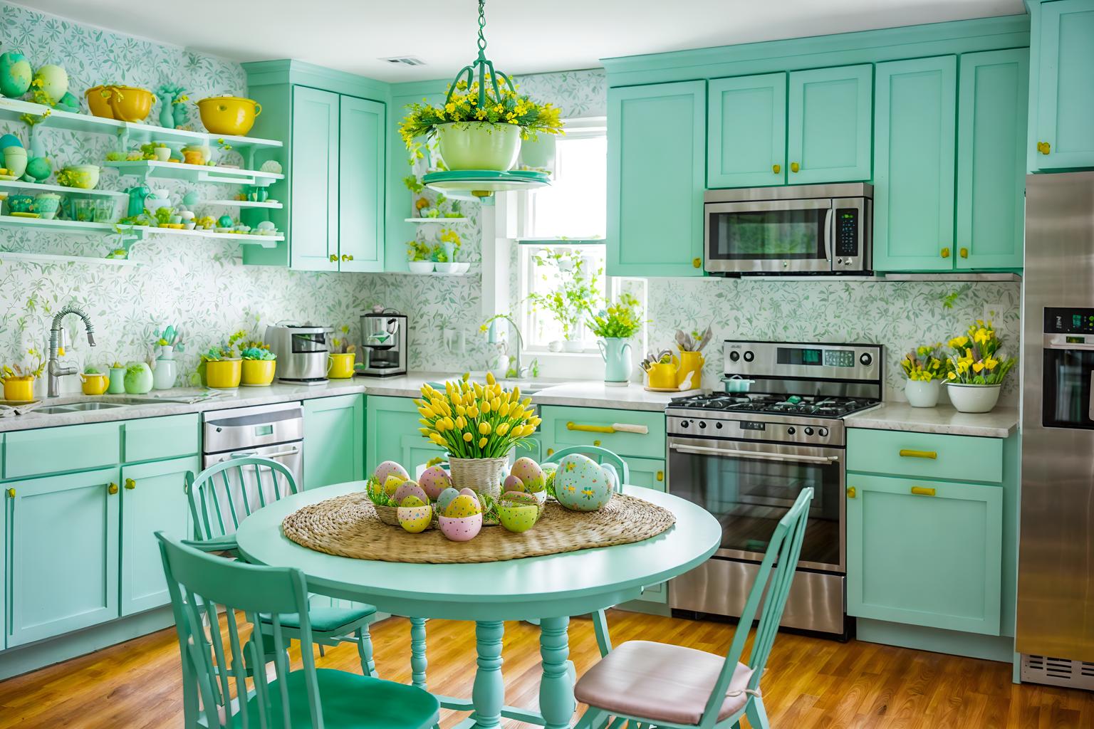 easter-style (kitchen living combo interior) with refrigerator and furniture and occasional tables and kitchen cabinets and plant and sink and plant and sofa. . with easter decorations and spring decorations and flowers on table and colorful easter eggs and light blue colors and easter decorations. . cinematic photo, highly detailed, cinematic lighting, ultra-detailed, ultrarealistic, photorealism, 8k. easter interior design style. masterpiece, cinematic light, ultrarealistic+, photorealistic+, 8k, raw photo, realistic, sharp focus on eyes, (symmetrical eyes), (intact eyes), hyperrealistic, highest quality, best quality, , highly detailed, masterpiece, best quality, extremely detailed 8k wallpaper, masterpiece, best quality, ultra-detailed, best shadow, detailed background, detailed face, detailed eyes, high contrast, best illumination, detailed face, dulux, caustic, dynamic angle, detailed glow. dramatic lighting. highly detailed, insanely detailed hair, symmetrical, intricate details, professionally retouched, 8k high definition. strong bokeh. award winning photo.