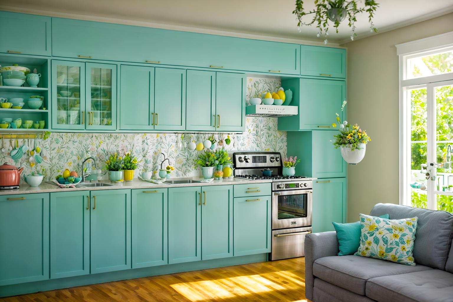 easter-style (kitchen living combo interior) with refrigerator and furniture and occasional tables and kitchen cabinets and plant and sink and plant and sofa. . with easter decorations and spring decorations and flowers on table and colorful easter eggs and light blue colors and easter decorations. . cinematic photo, highly detailed, cinematic lighting, ultra-detailed, ultrarealistic, photorealism, 8k. easter interior design style. masterpiece, cinematic light, ultrarealistic+, photorealistic+, 8k, raw photo, realistic, sharp focus on eyes, (symmetrical eyes), (intact eyes), hyperrealistic, highest quality, best quality, , highly detailed, masterpiece, best quality, extremely detailed 8k wallpaper, masterpiece, best quality, ultra-detailed, best shadow, detailed background, detailed face, detailed eyes, high contrast, best illumination, detailed face, dulux, caustic, dynamic angle, detailed glow. dramatic lighting. highly detailed, insanely detailed hair, symmetrical, intricate details, professionally retouched, 8k high definition. strong bokeh. award winning photo.