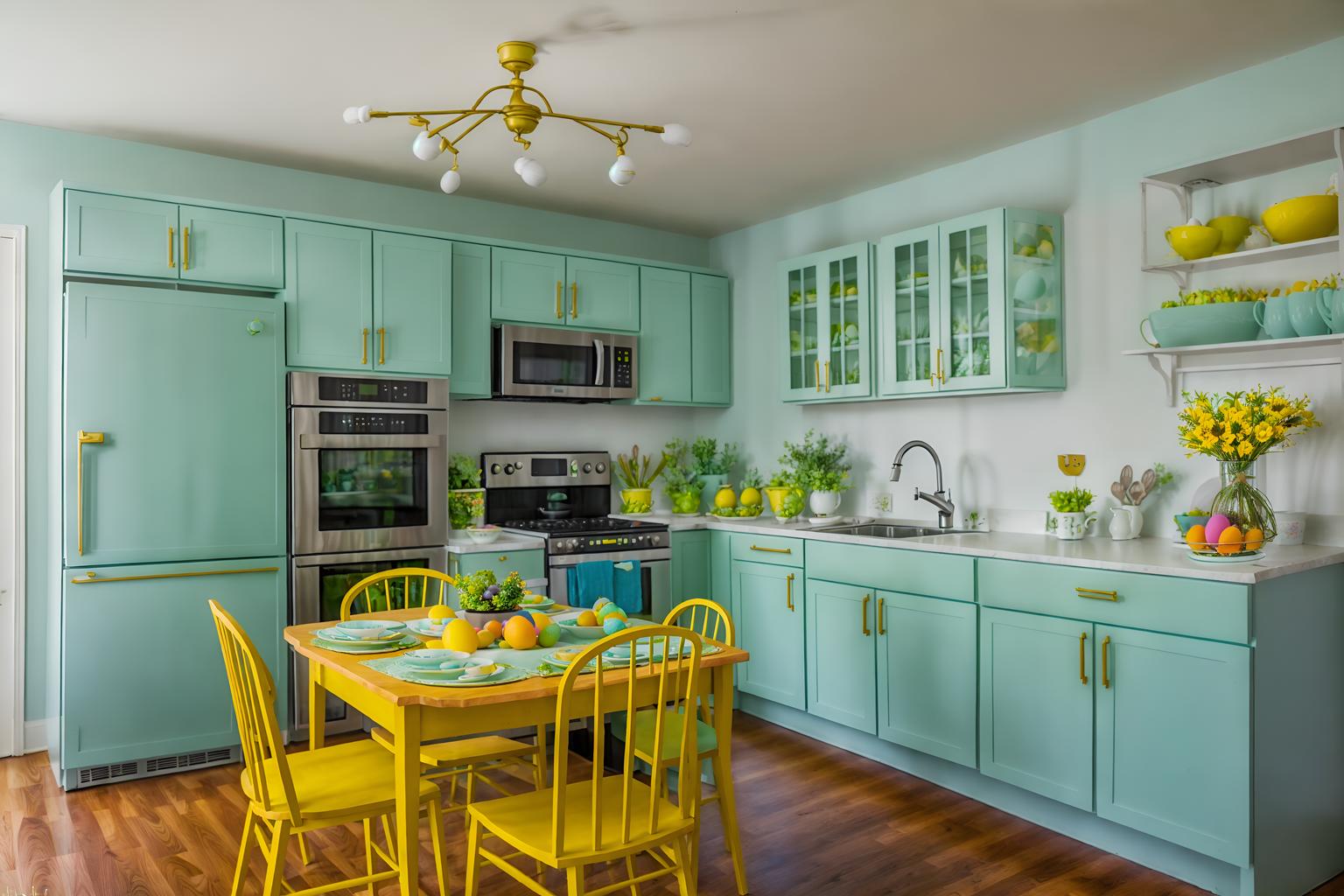 easter-style (kitchen living combo interior) with refrigerator and furniture and occasional tables and kitchen cabinets and plant and sink and plant and sofa. . with easter decorations and spring decorations and flowers on table and colorful easter eggs and light blue colors and easter decorations. . cinematic photo, highly detailed, cinematic lighting, ultra-detailed, ultrarealistic, photorealism, 8k. easter interior design style. masterpiece, cinematic light, ultrarealistic+, photorealistic+, 8k, raw photo, realistic, sharp focus on eyes, (symmetrical eyes), (intact eyes), hyperrealistic, highest quality, best quality, , highly detailed, masterpiece, best quality, extremely detailed 8k wallpaper, masterpiece, best quality, ultra-detailed, best shadow, detailed background, detailed face, detailed eyes, high contrast, best illumination, detailed face, dulux, caustic, dynamic angle, detailed glow. dramatic lighting. highly detailed, insanely detailed hair, symmetrical, intricate details, professionally retouched, 8k high definition. strong bokeh. award winning photo.