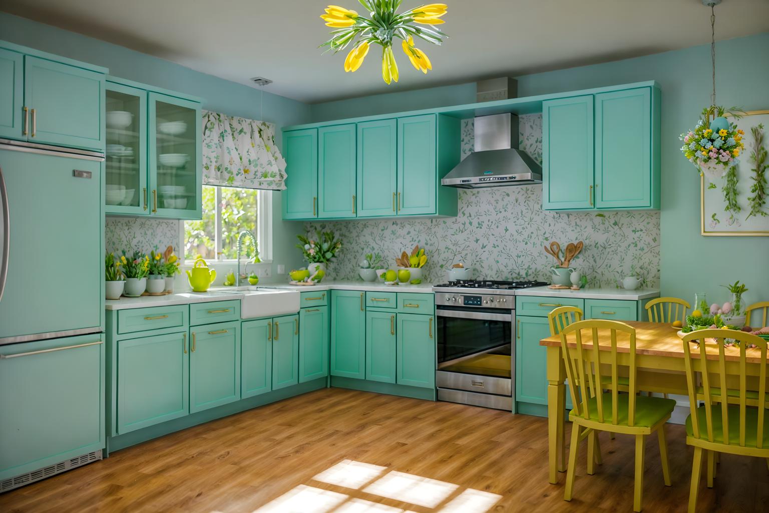 easter-style (kitchen living combo interior) with refrigerator and furniture and occasional tables and kitchen cabinets and plant and sink and plant and sofa. . with easter decorations and spring decorations and flowers on table and colorful easter eggs and light blue colors and easter decorations. . cinematic photo, highly detailed, cinematic lighting, ultra-detailed, ultrarealistic, photorealism, 8k. easter interior design style. masterpiece, cinematic light, ultrarealistic+, photorealistic+, 8k, raw photo, realistic, sharp focus on eyes, (symmetrical eyes), (intact eyes), hyperrealistic, highest quality, best quality, , highly detailed, masterpiece, best quality, extremely detailed 8k wallpaper, masterpiece, best quality, ultra-detailed, best shadow, detailed background, detailed face, detailed eyes, high contrast, best illumination, detailed face, dulux, caustic, dynamic angle, detailed glow. dramatic lighting. highly detailed, insanely detailed hair, symmetrical, intricate details, professionally retouched, 8k high definition. strong bokeh. award winning photo.