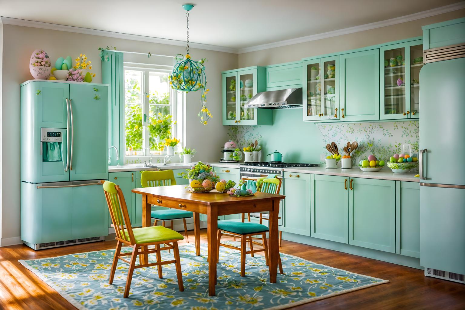 easter-style (kitchen living combo interior) with refrigerator and furniture and occasional tables and kitchen cabinets and plant and sink and plant and sofa. . with easter decorations and spring decorations and flowers on table and colorful easter eggs and light blue colors and easter decorations. . cinematic photo, highly detailed, cinematic lighting, ultra-detailed, ultrarealistic, photorealism, 8k. easter interior design style. masterpiece, cinematic light, ultrarealistic+, photorealistic+, 8k, raw photo, realistic, sharp focus on eyes, (symmetrical eyes), (intact eyes), hyperrealistic, highest quality, best quality, , highly detailed, masterpiece, best quality, extremely detailed 8k wallpaper, masterpiece, best quality, ultra-detailed, best shadow, detailed background, detailed face, detailed eyes, high contrast, best illumination, detailed face, dulux, caustic, dynamic angle, detailed glow. dramatic lighting. highly detailed, insanely detailed hair, symmetrical, intricate details, professionally retouched, 8k high definition. strong bokeh. award winning photo.