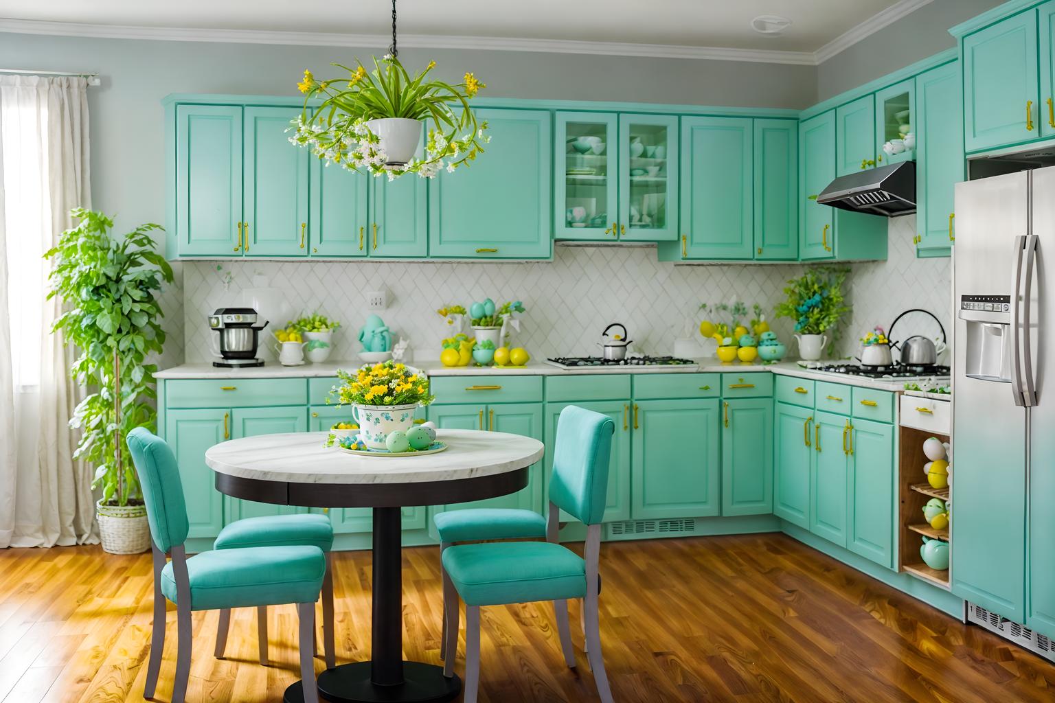 easter-style (kitchen living combo interior) with refrigerator and furniture and occasional tables and kitchen cabinets and plant and sink and plant and sofa. . with easter decorations and spring decorations and flowers on table and colorful easter eggs and light blue colors and easter decorations. . cinematic photo, highly detailed, cinematic lighting, ultra-detailed, ultrarealistic, photorealism, 8k. easter interior design style. masterpiece, cinematic light, ultrarealistic+, photorealistic+, 8k, raw photo, realistic, sharp focus on eyes, (symmetrical eyes), (intact eyes), hyperrealistic, highest quality, best quality, , highly detailed, masterpiece, best quality, extremely detailed 8k wallpaper, masterpiece, best quality, ultra-detailed, best shadow, detailed background, detailed face, detailed eyes, high contrast, best illumination, detailed face, dulux, caustic, dynamic angle, detailed glow. dramatic lighting. highly detailed, insanely detailed hair, symmetrical, intricate details, professionally retouched, 8k high definition. strong bokeh. award winning photo.