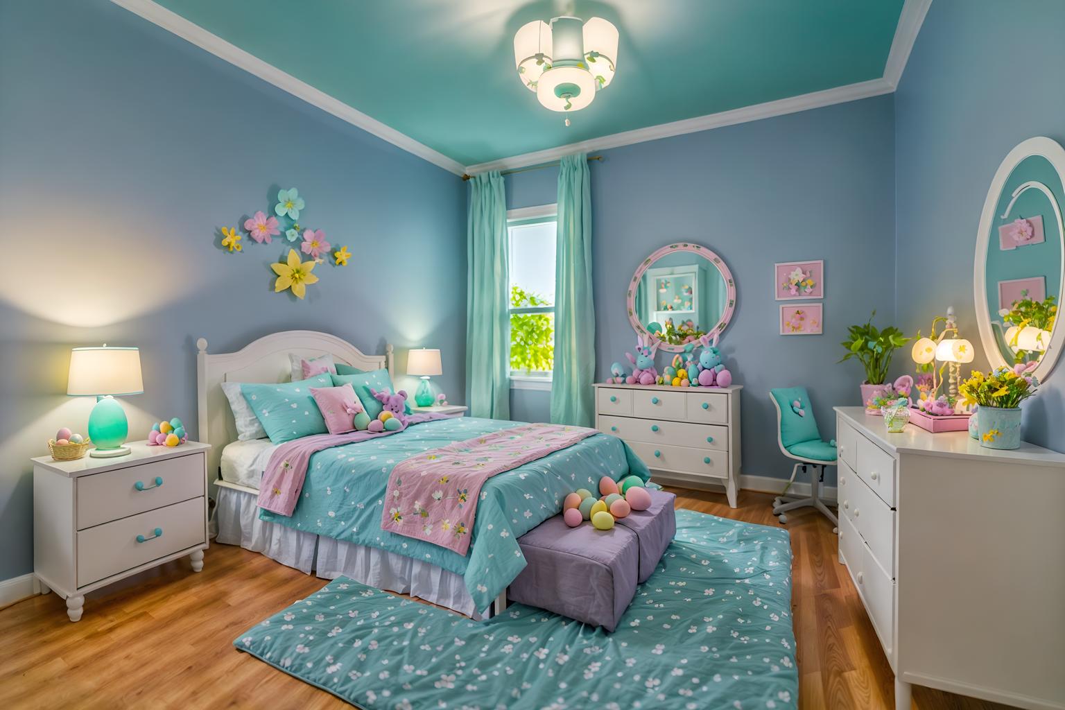 easter-style (kids room interior) with headboard and bedside table or night stand and bed and mirror and kids desk and accent chair and night light and plant. . with spring decorations and flowers on table and light blue colors and easter decorations and colorful easter eggs and spring decorations. . cinematic photo, highly detailed, cinematic lighting, ultra-detailed, ultrarealistic, photorealism, 8k. easter interior design style. masterpiece, cinematic light, ultrarealistic+, photorealistic+, 8k, raw photo, realistic, sharp focus on eyes, (symmetrical eyes), (intact eyes), hyperrealistic, highest quality, best quality, , highly detailed, masterpiece, best quality, extremely detailed 8k wallpaper, masterpiece, best quality, ultra-detailed, best shadow, detailed background, detailed face, detailed eyes, high contrast, best illumination, detailed face, dulux, caustic, dynamic angle, detailed glow. dramatic lighting. highly detailed, insanely detailed hair, symmetrical, intricate details, professionally retouched, 8k high definition. strong bokeh. award winning photo.