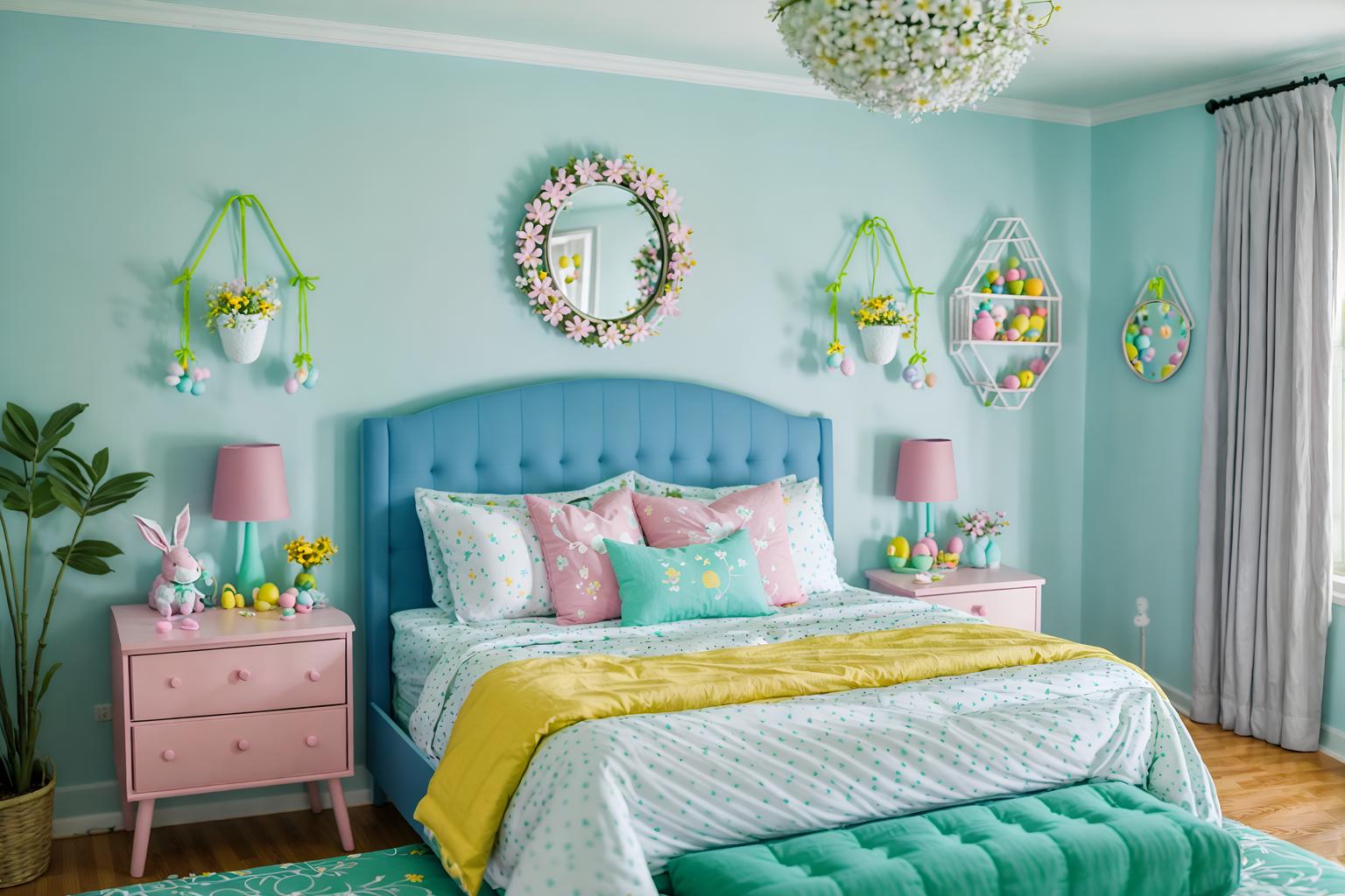 easter-style (kids room interior) with headboard and bedside table or night stand and bed and mirror and kids desk and accent chair and night light and plant. . with spring decorations and flowers on table and light blue colors and easter decorations and colorful easter eggs and spring decorations. . cinematic photo, highly detailed, cinematic lighting, ultra-detailed, ultrarealistic, photorealism, 8k. easter interior design style. masterpiece, cinematic light, ultrarealistic+, photorealistic+, 8k, raw photo, realistic, sharp focus on eyes, (symmetrical eyes), (intact eyes), hyperrealistic, highest quality, best quality, , highly detailed, masterpiece, best quality, extremely detailed 8k wallpaper, masterpiece, best quality, ultra-detailed, best shadow, detailed background, detailed face, detailed eyes, high contrast, best illumination, detailed face, dulux, caustic, dynamic angle, detailed glow. dramatic lighting. highly detailed, insanely detailed hair, symmetrical, intricate details, professionally retouched, 8k high definition. strong bokeh. award winning photo.