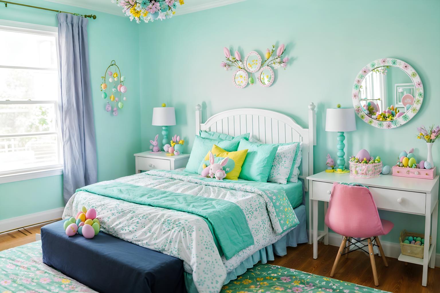 easter-style (kids room interior) with headboard and bedside table or night stand and bed and mirror and kids desk and accent chair and night light and plant. . with spring decorations and flowers on table and light blue colors and easter decorations and colorful easter eggs and spring decorations. . cinematic photo, highly detailed, cinematic lighting, ultra-detailed, ultrarealistic, photorealism, 8k. easter interior design style. masterpiece, cinematic light, ultrarealistic+, photorealistic+, 8k, raw photo, realistic, sharp focus on eyes, (symmetrical eyes), (intact eyes), hyperrealistic, highest quality, best quality, , highly detailed, masterpiece, best quality, extremely detailed 8k wallpaper, masterpiece, best quality, ultra-detailed, best shadow, detailed background, detailed face, detailed eyes, high contrast, best illumination, detailed face, dulux, caustic, dynamic angle, detailed glow. dramatic lighting. highly detailed, insanely detailed hair, symmetrical, intricate details, professionally retouched, 8k high definition. strong bokeh. award winning photo.