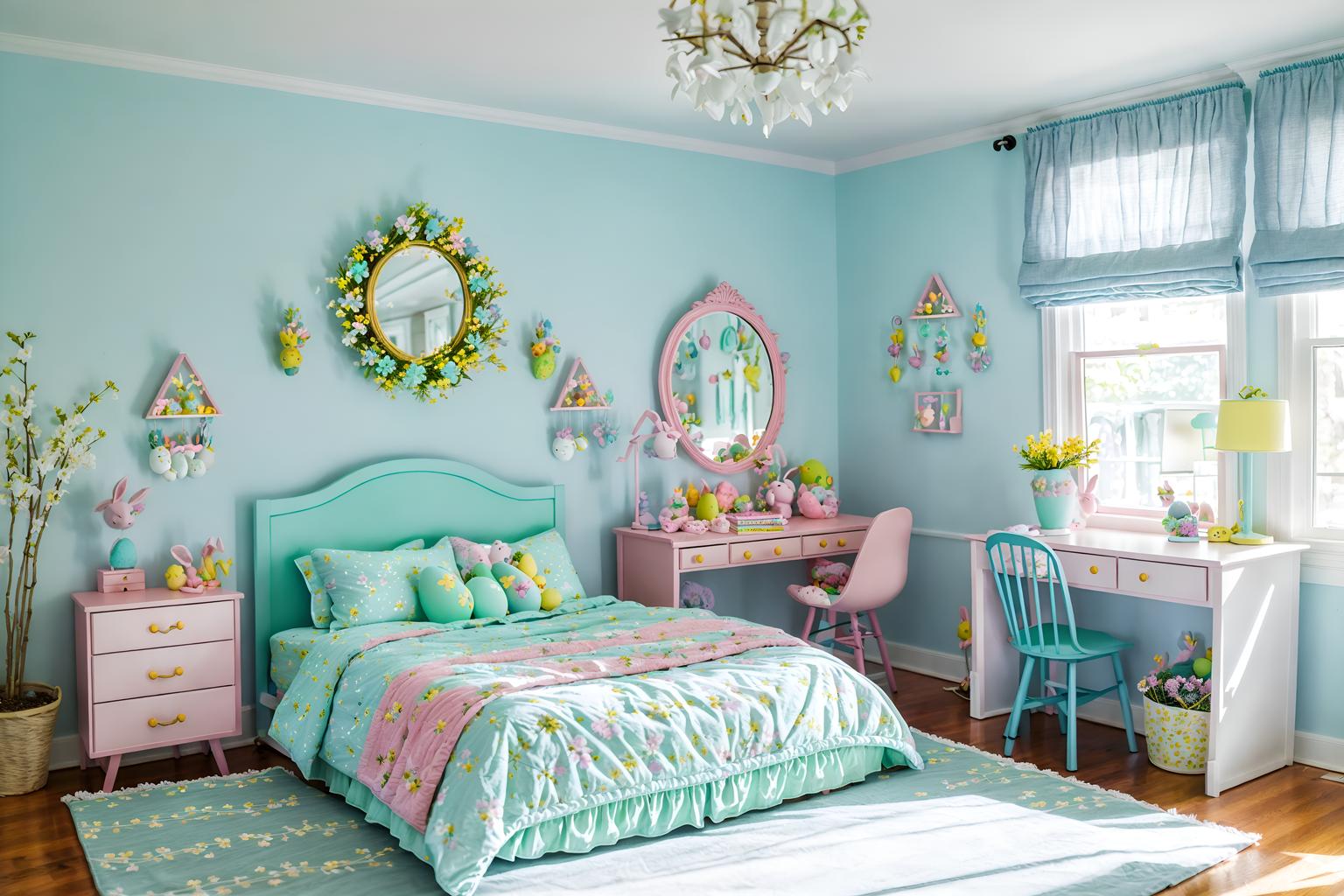 easter-style (kids room interior) with headboard and bedside table or night stand and bed and mirror and kids desk and accent chair and night light and plant. . with spring decorations and flowers on table and light blue colors and easter decorations and colorful easter eggs and spring decorations. . cinematic photo, highly detailed, cinematic lighting, ultra-detailed, ultrarealistic, photorealism, 8k. easter interior design style. masterpiece, cinematic light, ultrarealistic+, photorealistic+, 8k, raw photo, realistic, sharp focus on eyes, (symmetrical eyes), (intact eyes), hyperrealistic, highest quality, best quality, , highly detailed, masterpiece, best quality, extremely detailed 8k wallpaper, masterpiece, best quality, ultra-detailed, best shadow, detailed background, detailed face, detailed eyes, high contrast, best illumination, detailed face, dulux, caustic, dynamic angle, detailed glow. dramatic lighting. highly detailed, insanely detailed hair, symmetrical, intricate details, professionally retouched, 8k high definition. strong bokeh. award winning photo.