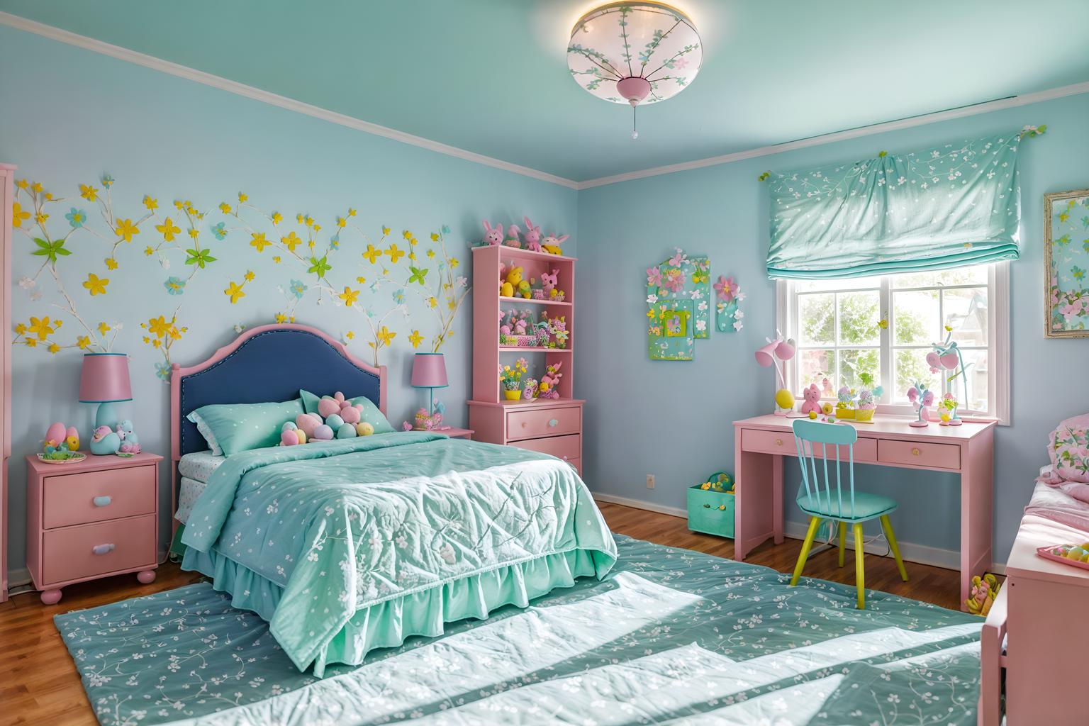 easter-style (kids room interior) with headboard and bedside table or night stand and bed and mirror and kids desk and accent chair and night light and plant. . with spring decorations and flowers on table and light blue colors and easter decorations and colorful easter eggs and spring decorations. . cinematic photo, highly detailed, cinematic lighting, ultra-detailed, ultrarealistic, photorealism, 8k. easter interior design style. masterpiece, cinematic light, ultrarealistic+, photorealistic+, 8k, raw photo, realistic, sharp focus on eyes, (symmetrical eyes), (intact eyes), hyperrealistic, highest quality, best quality, , highly detailed, masterpiece, best quality, extremely detailed 8k wallpaper, masterpiece, best quality, ultra-detailed, best shadow, detailed background, detailed face, detailed eyes, high contrast, best illumination, detailed face, dulux, caustic, dynamic angle, detailed glow. dramatic lighting. highly detailed, insanely detailed hair, symmetrical, intricate details, professionally retouched, 8k high definition. strong bokeh. award winning photo.