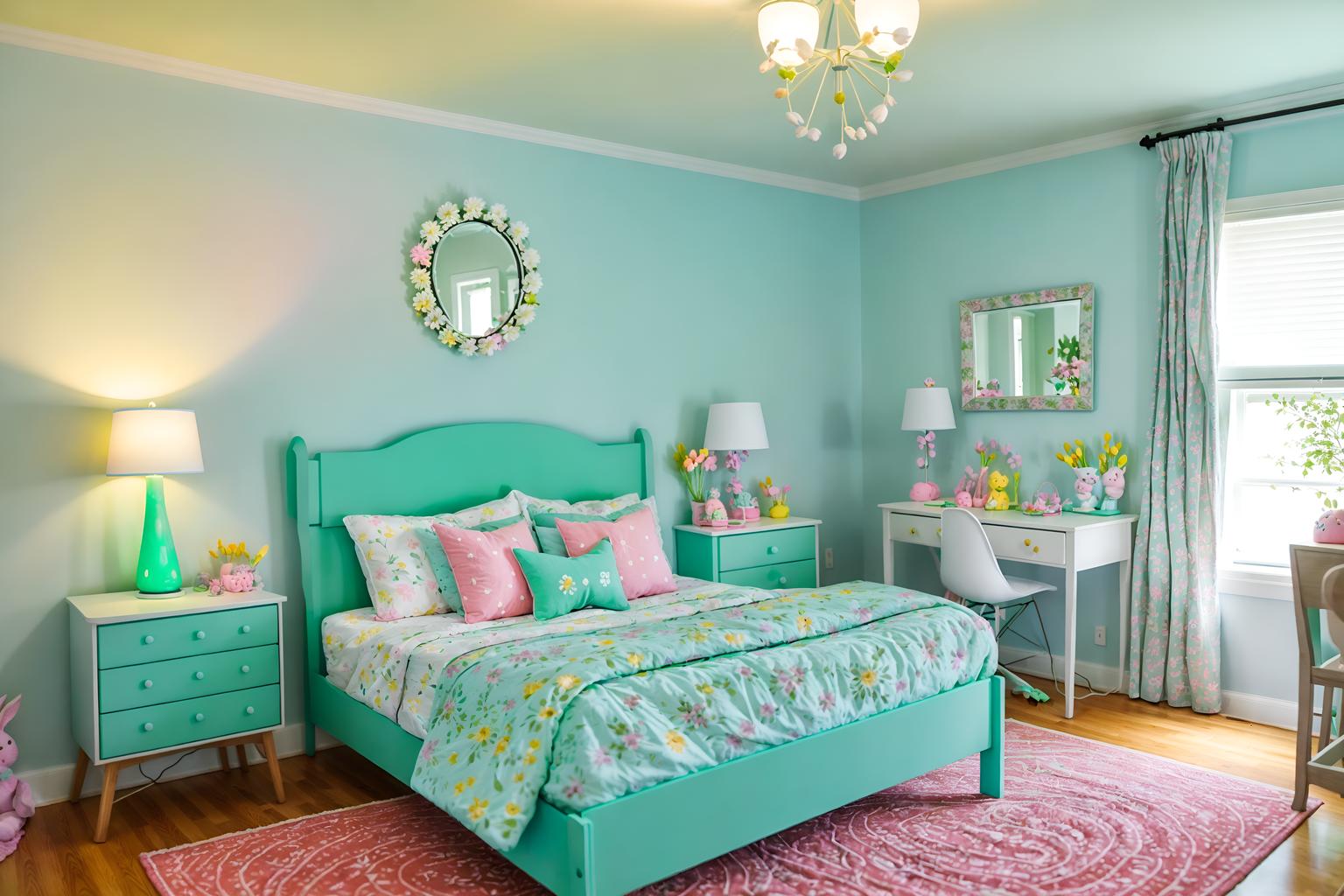 easter-style (kids room interior) with headboard and bedside table or night stand and bed and mirror and kids desk and accent chair and night light and plant. . with spring decorations and flowers on table and light blue colors and easter decorations and colorful easter eggs and spring decorations. . cinematic photo, highly detailed, cinematic lighting, ultra-detailed, ultrarealistic, photorealism, 8k. easter interior design style. masterpiece, cinematic light, ultrarealistic+, photorealistic+, 8k, raw photo, realistic, sharp focus on eyes, (symmetrical eyes), (intact eyes), hyperrealistic, highest quality, best quality, , highly detailed, masterpiece, best quality, extremely detailed 8k wallpaper, masterpiece, best quality, ultra-detailed, best shadow, detailed background, detailed face, detailed eyes, high contrast, best illumination, detailed face, dulux, caustic, dynamic angle, detailed glow. dramatic lighting. highly detailed, insanely detailed hair, symmetrical, intricate details, professionally retouched, 8k high definition. strong bokeh. award winning photo.