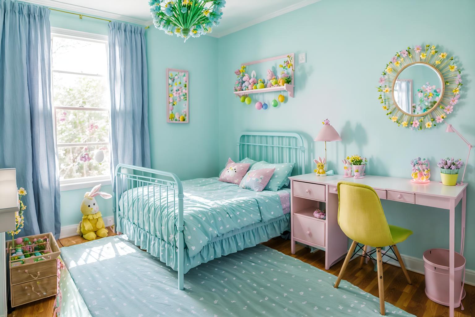 easter-style (kids room interior) with headboard and bedside table or night stand and bed and mirror and kids desk and accent chair and night light and plant. . with spring decorations and flowers on table and light blue colors and easter decorations and colorful easter eggs and spring decorations. . cinematic photo, highly detailed, cinematic lighting, ultra-detailed, ultrarealistic, photorealism, 8k. easter interior design style. masterpiece, cinematic light, ultrarealistic+, photorealistic+, 8k, raw photo, realistic, sharp focus on eyes, (symmetrical eyes), (intact eyes), hyperrealistic, highest quality, best quality, , highly detailed, masterpiece, best quality, extremely detailed 8k wallpaper, masterpiece, best quality, ultra-detailed, best shadow, detailed background, detailed face, detailed eyes, high contrast, best illumination, detailed face, dulux, caustic, dynamic angle, detailed glow. dramatic lighting. highly detailed, insanely detailed hair, symmetrical, intricate details, professionally retouched, 8k high definition. strong bokeh. award winning photo.