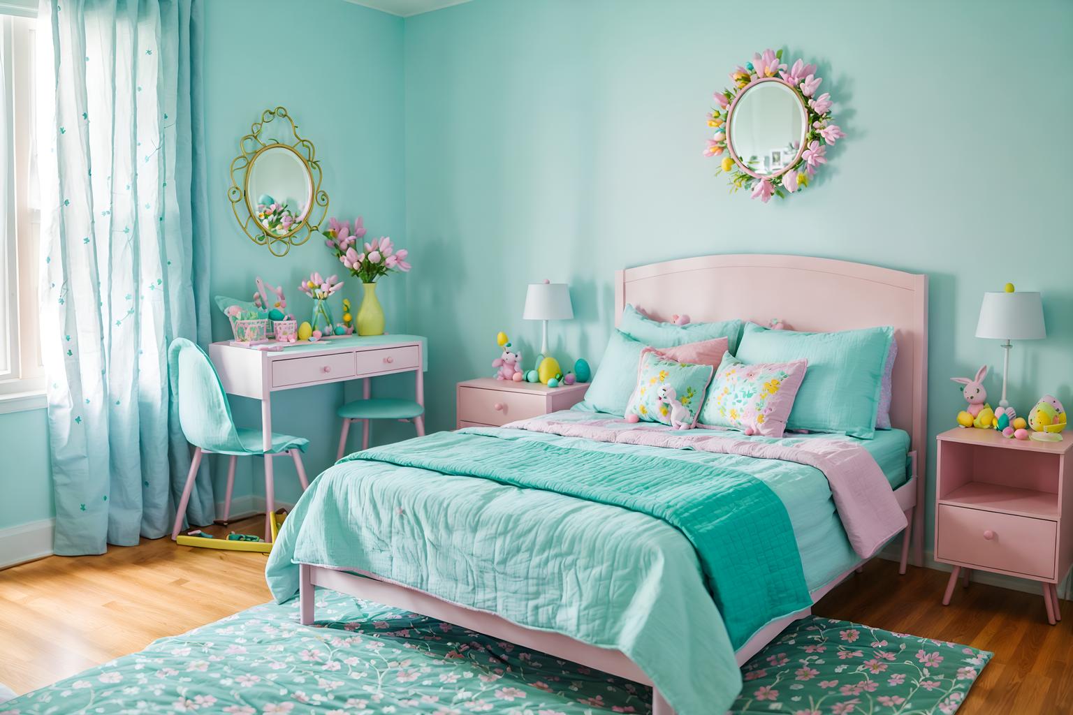 easter-style (kids room interior) with headboard and bedside table or night stand and bed and mirror and kids desk and accent chair and night light and plant. . with spring decorations and flowers on table and light blue colors and easter decorations and colorful easter eggs and spring decorations. . cinematic photo, highly detailed, cinematic lighting, ultra-detailed, ultrarealistic, photorealism, 8k. easter interior design style. masterpiece, cinematic light, ultrarealistic+, photorealistic+, 8k, raw photo, realistic, sharp focus on eyes, (symmetrical eyes), (intact eyes), hyperrealistic, highest quality, best quality, , highly detailed, masterpiece, best quality, extremely detailed 8k wallpaper, masterpiece, best quality, ultra-detailed, best shadow, detailed background, detailed face, detailed eyes, high contrast, best illumination, detailed face, dulux, caustic, dynamic angle, detailed glow. dramatic lighting. highly detailed, insanely detailed hair, symmetrical, intricate details, professionally retouched, 8k high definition. strong bokeh. award winning photo.