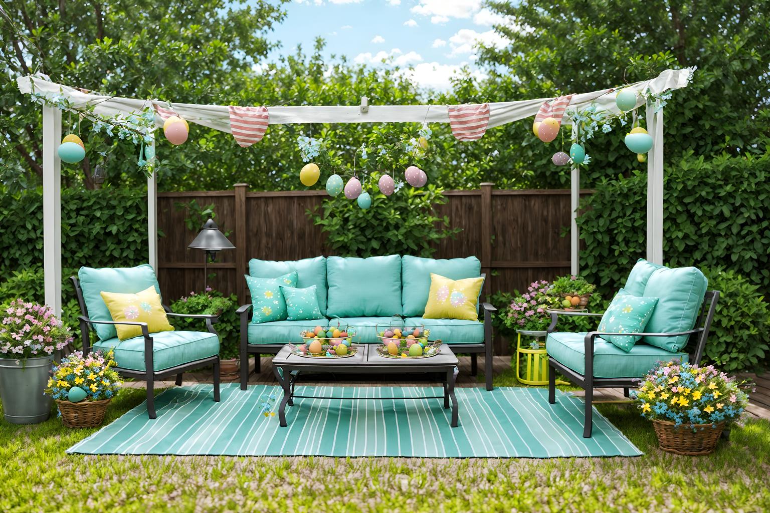 easter-style designed (outdoor patio ) with patio couch with pillows and deck with deck chairs and barbeque or grill and grass and plant and patio couch with pillows. . with easter decorations and flowers on table and spring decorations and light blue colors and colorful easter eggs and easter decorations. . cinematic photo, highly detailed, cinematic lighting, ultra-detailed, ultrarealistic, photorealism, 8k. easter design style. masterpiece, cinematic light, ultrarealistic+, photorealistic+, 8k, raw photo, realistic, sharp focus on eyes, (symmetrical eyes), (intact eyes), hyperrealistic, highest quality, best quality, , highly detailed, masterpiece, best quality, extremely detailed 8k wallpaper, masterpiece, best quality, ultra-detailed, best shadow, detailed background, detailed face, detailed eyes, high contrast, best illumination, detailed face, dulux, caustic, dynamic angle, detailed glow. dramatic lighting. highly detailed, insanely detailed hair, symmetrical, intricate details, professionally retouched, 8k high definition. strong bokeh. award winning photo.