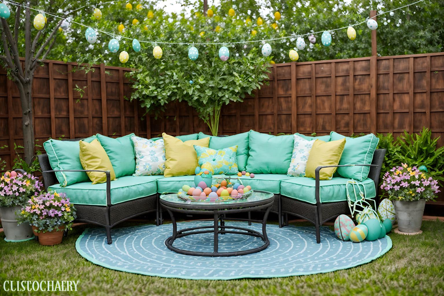 easter-style designed (outdoor patio ) with patio couch with pillows and deck with deck chairs and barbeque or grill and grass and plant and patio couch with pillows. . with easter decorations and flowers on table and spring decorations and light blue colors and colorful easter eggs and easter decorations. . cinematic photo, highly detailed, cinematic lighting, ultra-detailed, ultrarealistic, photorealism, 8k. easter design style. masterpiece, cinematic light, ultrarealistic+, photorealistic+, 8k, raw photo, realistic, sharp focus on eyes, (symmetrical eyes), (intact eyes), hyperrealistic, highest quality, best quality, , highly detailed, masterpiece, best quality, extremely detailed 8k wallpaper, masterpiece, best quality, ultra-detailed, best shadow, detailed background, detailed face, detailed eyes, high contrast, best illumination, detailed face, dulux, caustic, dynamic angle, detailed glow. dramatic lighting. highly detailed, insanely detailed hair, symmetrical, intricate details, professionally retouched, 8k high definition. strong bokeh. award winning photo.