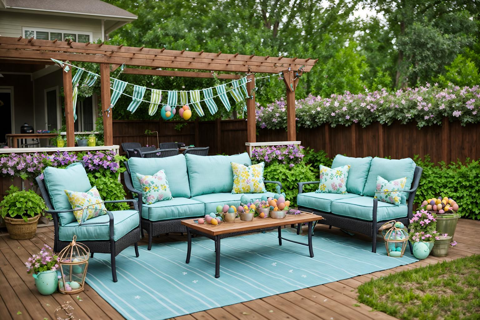 easter-style designed (outdoor patio ) with patio couch with pillows and deck with deck chairs and barbeque or grill and grass and plant and patio couch with pillows. . with easter decorations and flowers on table and spring decorations and light blue colors and colorful easter eggs and easter decorations. . cinematic photo, highly detailed, cinematic lighting, ultra-detailed, ultrarealistic, photorealism, 8k. easter design style. masterpiece, cinematic light, ultrarealistic+, photorealistic+, 8k, raw photo, realistic, sharp focus on eyes, (symmetrical eyes), (intact eyes), hyperrealistic, highest quality, best quality, , highly detailed, masterpiece, best quality, extremely detailed 8k wallpaper, masterpiece, best quality, ultra-detailed, best shadow, detailed background, detailed face, detailed eyes, high contrast, best illumination, detailed face, dulux, caustic, dynamic angle, detailed glow. dramatic lighting. highly detailed, insanely detailed hair, symmetrical, intricate details, professionally retouched, 8k high definition. strong bokeh. award winning photo.