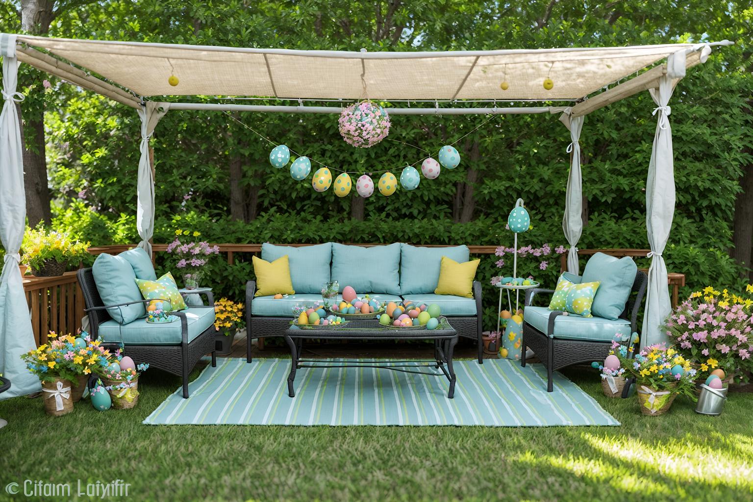 easter-style designed (outdoor patio ) with patio couch with pillows and deck with deck chairs and barbeque or grill and grass and plant and patio couch with pillows. . with easter decorations and flowers on table and spring decorations and light blue colors and colorful easter eggs and easter decorations. . cinematic photo, highly detailed, cinematic lighting, ultra-detailed, ultrarealistic, photorealism, 8k. easter design style. masterpiece, cinematic light, ultrarealistic+, photorealistic+, 8k, raw photo, realistic, sharp focus on eyes, (symmetrical eyes), (intact eyes), hyperrealistic, highest quality, best quality, , highly detailed, masterpiece, best quality, extremely detailed 8k wallpaper, masterpiece, best quality, ultra-detailed, best shadow, detailed background, detailed face, detailed eyes, high contrast, best illumination, detailed face, dulux, caustic, dynamic angle, detailed glow. dramatic lighting. highly detailed, insanely detailed hair, symmetrical, intricate details, professionally retouched, 8k high definition. strong bokeh. award winning photo.