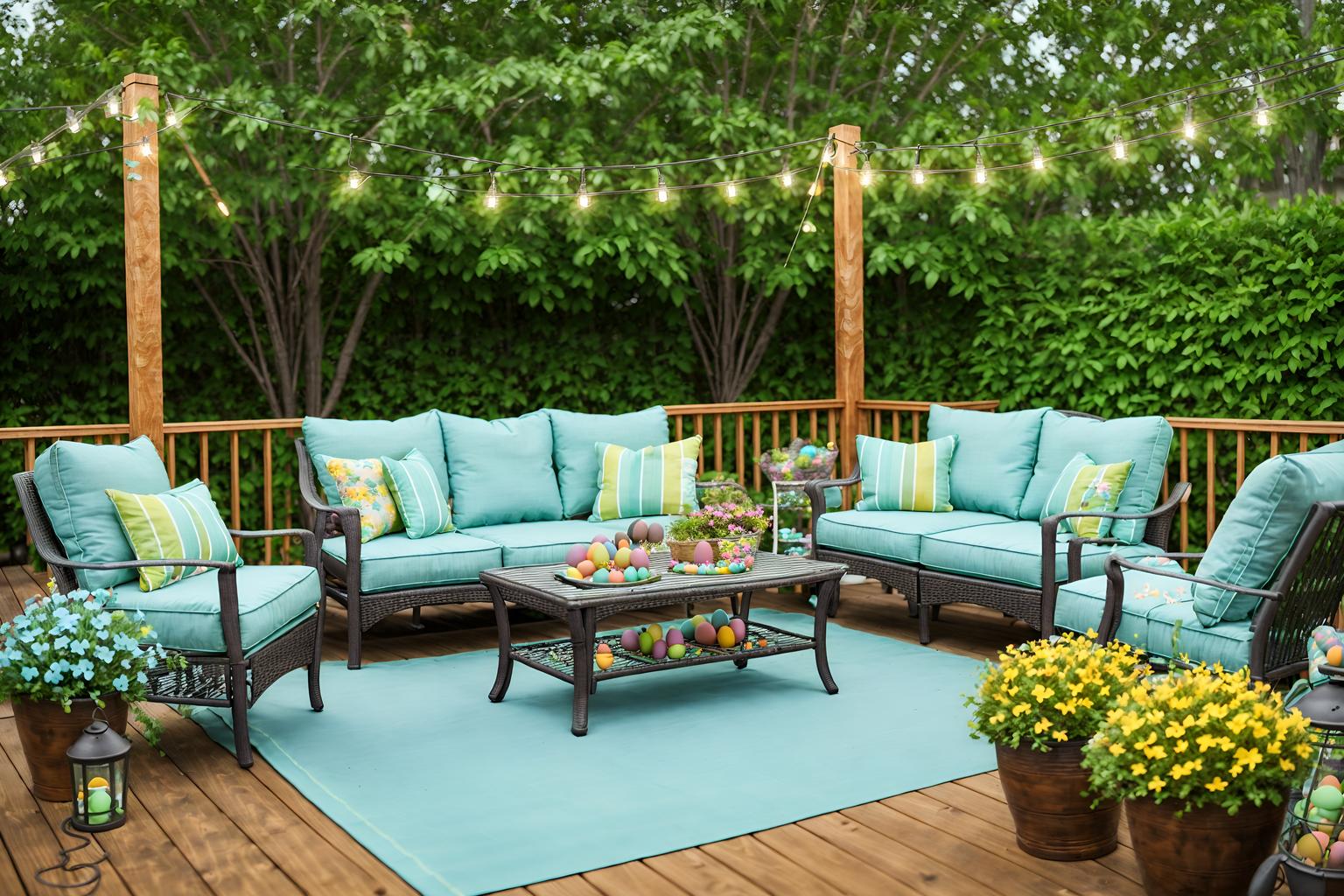 easter-style designed (outdoor patio ) with patio couch with pillows and deck with deck chairs and barbeque or grill and grass and plant and patio couch with pillows. . with easter decorations and flowers on table and spring decorations and light blue colors and colorful easter eggs and easter decorations. . cinematic photo, highly detailed, cinematic lighting, ultra-detailed, ultrarealistic, photorealism, 8k. easter design style. masterpiece, cinematic light, ultrarealistic+, photorealistic+, 8k, raw photo, realistic, sharp focus on eyes, (symmetrical eyes), (intact eyes), hyperrealistic, highest quality, best quality, , highly detailed, masterpiece, best quality, extremely detailed 8k wallpaper, masterpiece, best quality, ultra-detailed, best shadow, detailed background, detailed face, detailed eyes, high contrast, best illumination, detailed face, dulux, caustic, dynamic angle, detailed glow. dramatic lighting. highly detailed, insanely detailed hair, symmetrical, intricate details, professionally retouched, 8k high definition. strong bokeh. award winning photo.