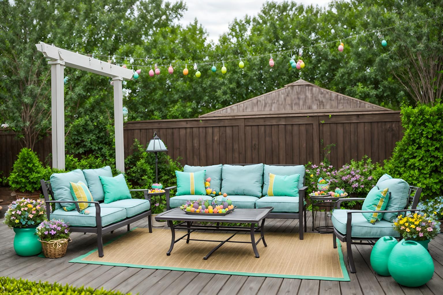 easter-style designed (outdoor patio ) with patio couch with pillows and deck with deck chairs and barbeque or grill and grass and plant and patio couch with pillows. . with easter decorations and flowers on table and spring decorations and light blue colors and colorful easter eggs and easter decorations. . cinematic photo, highly detailed, cinematic lighting, ultra-detailed, ultrarealistic, photorealism, 8k. easter design style. masterpiece, cinematic light, ultrarealistic+, photorealistic+, 8k, raw photo, realistic, sharp focus on eyes, (symmetrical eyes), (intact eyes), hyperrealistic, highest quality, best quality, , highly detailed, masterpiece, best quality, extremely detailed 8k wallpaper, masterpiece, best quality, ultra-detailed, best shadow, detailed background, detailed face, detailed eyes, high contrast, best illumination, detailed face, dulux, caustic, dynamic angle, detailed glow. dramatic lighting. highly detailed, insanely detailed hair, symmetrical, intricate details, professionally retouched, 8k high definition. strong bokeh. award winning photo.