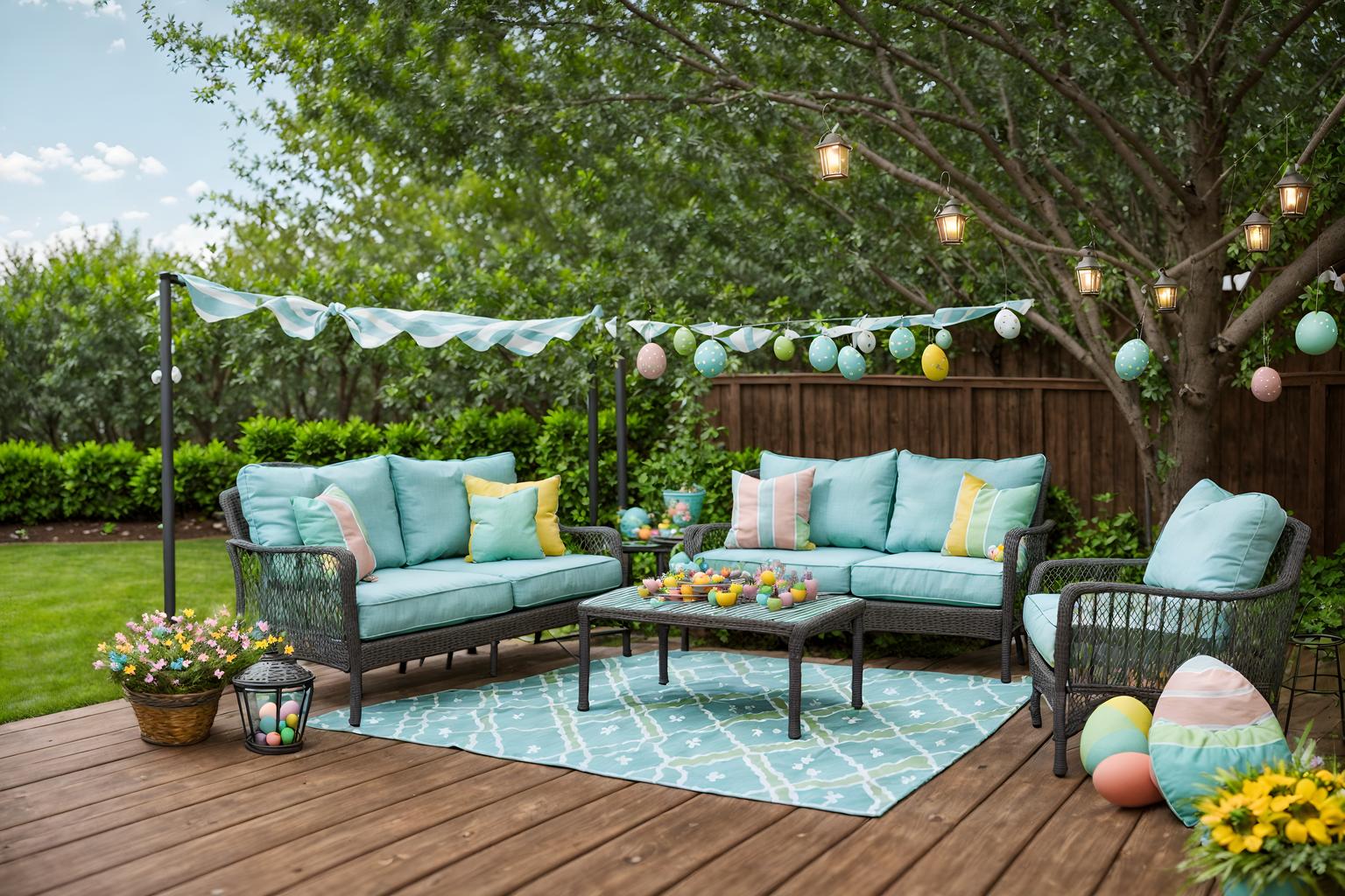 easter-style designed (outdoor patio ) with patio couch with pillows and deck with deck chairs and barbeque or grill and grass and plant and patio couch with pillows. . with easter decorations and flowers on table and spring decorations and light blue colors and colorful easter eggs and easter decorations. . cinematic photo, highly detailed, cinematic lighting, ultra-detailed, ultrarealistic, photorealism, 8k. easter design style. masterpiece, cinematic light, ultrarealistic+, photorealistic+, 8k, raw photo, realistic, sharp focus on eyes, (symmetrical eyes), (intact eyes), hyperrealistic, highest quality, best quality, , highly detailed, masterpiece, best quality, extremely detailed 8k wallpaper, masterpiece, best quality, ultra-detailed, best shadow, detailed background, detailed face, detailed eyes, high contrast, best illumination, detailed face, dulux, caustic, dynamic angle, detailed glow. dramatic lighting. highly detailed, insanely detailed hair, symmetrical, intricate details, professionally retouched, 8k high definition. strong bokeh. award winning photo.