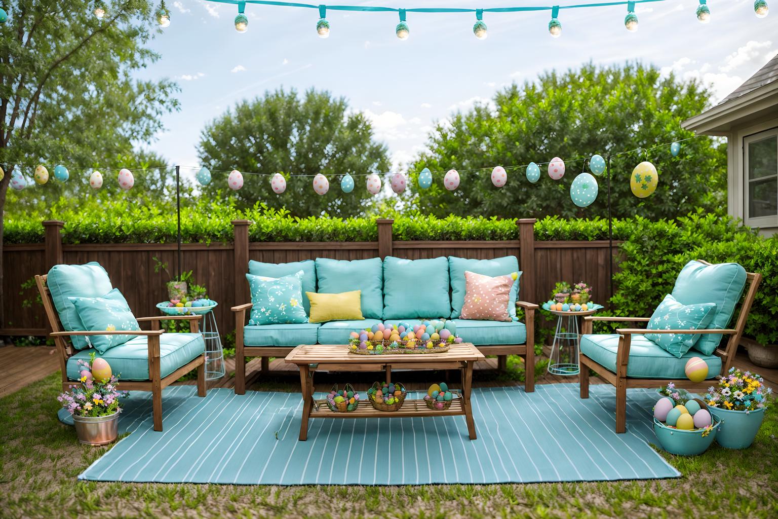 easter-style designed (outdoor patio ) with patio couch with pillows and deck with deck chairs and barbeque or grill and grass and plant and patio couch with pillows. . with easter decorations and flowers on table and spring decorations and light blue colors and colorful easter eggs and easter decorations. . cinematic photo, highly detailed, cinematic lighting, ultra-detailed, ultrarealistic, photorealism, 8k. easter design style. masterpiece, cinematic light, ultrarealistic+, photorealistic+, 8k, raw photo, realistic, sharp focus on eyes, (symmetrical eyes), (intact eyes), hyperrealistic, highest quality, best quality, , highly detailed, masterpiece, best quality, extremely detailed 8k wallpaper, masterpiece, best quality, ultra-detailed, best shadow, detailed background, detailed face, detailed eyes, high contrast, best illumination, detailed face, dulux, caustic, dynamic angle, detailed glow. dramatic lighting. highly detailed, insanely detailed hair, symmetrical, intricate details, professionally retouched, 8k high definition. strong bokeh. award winning photo.