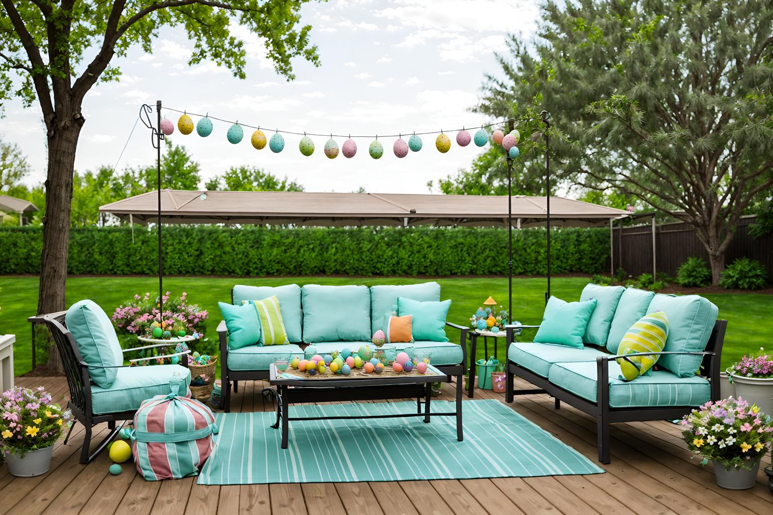 easter-style designed (outdoor patio ) with patio couch with pillows and deck with deck chairs and barbeque or grill and grass and plant and patio couch with pillows. . with easter decorations and flowers on table and spring decorations and light blue colors and colorful easter eggs and easter decorations. . cinematic photo, highly detailed, cinematic lighting, ultra-detailed, ultrarealistic, photorealism, 8k. easter design style. masterpiece, cinematic light, ultrarealistic+, photorealistic+, 8k, raw photo, realistic, sharp focus on eyes, (symmetrical eyes), (intact eyes), hyperrealistic, highest quality, best quality, , highly detailed, masterpiece, best quality, extremely detailed 8k wallpaper, masterpiece, best quality, ultra-detailed, best shadow, detailed background, detailed face, detailed eyes, high contrast, best illumination, detailed face, dulux, caustic, dynamic angle, detailed glow. dramatic lighting. highly detailed, insanely detailed hair, symmetrical, intricate details, professionally retouched, 8k high definition. strong bokeh. award winning photo.