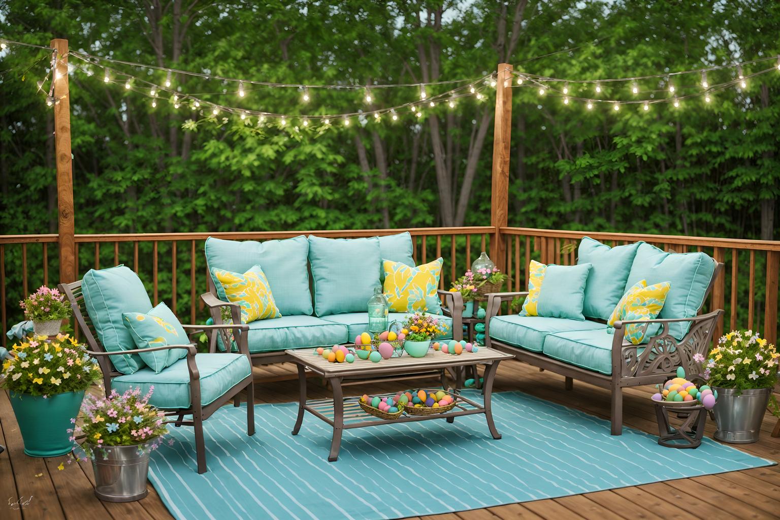 easter-style designed (outdoor patio ) with patio couch with pillows and deck with deck chairs and barbeque or grill and grass and plant and patio couch with pillows. . with easter decorations and flowers on table and spring decorations and light blue colors and colorful easter eggs and easter decorations. . cinematic photo, highly detailed, cinematic lighting, ultra-detailed, ultrarealistic, photorealism, 8k. easter design style. masterpiece, cinematic light, ultrarealistic+, photorealistic+, 8k, raw photo, realistic, sharp focus on eyes, (symmetrical eyes), (intact eyes), hyperrealistic, highest quality, best quality, , highly detailed, masterpiece, best quality, extremely detailed 8k wallpaper, masterpiece, best quality, ultra-detailed, best shadow, detailed background, detailed face, detailed eyes, high contrast, best illumination, detailed face, dulux, caustic, dynamic angle, detailed glow. dramatic lighting. highly detailed, insanely detailed hair, symmetrical, intricate details, professionally retouched, 8k high definition. strong bokeh. award winning photo.