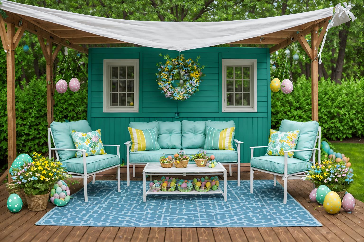 easter-style designed (outdoor patio ) with patio couch with pillows and deck with deck chairs and barbeque or grill and grass and plant and patio couch with pillows. . with easter decorations and flowers on table and spring decorations and light blue colors and colorful easter eggs and easter decorations. . cinematic photo, highly detailed, cinematic lighting, ultra-detailed, ultrarealistic, photorealism, 8k. easter design style. masterpiece, cinematic light, ultrarealistic+, photorealistic+, 8k, raw photo, realistic, sharp focus on eyes, (symmetrical eyes), (intact eyes), hyperrealistic, highest quality, best quality, , highly detailed, masterpiece, best quality, extremely detailed 8k wallpaper, masterpiece, best quality, ultra-detailed, best shadow, detailed background, detailed face, detailed eyes, high contrast, best illumination, detailed face, dulux, caustic, dynamic angle, detailed glow. dramatic lighting. highly detailed, insanely detailed hair, symmetrical, intricate details, professionally retouched, 8k high definition. strong bokeh. award winning photo.