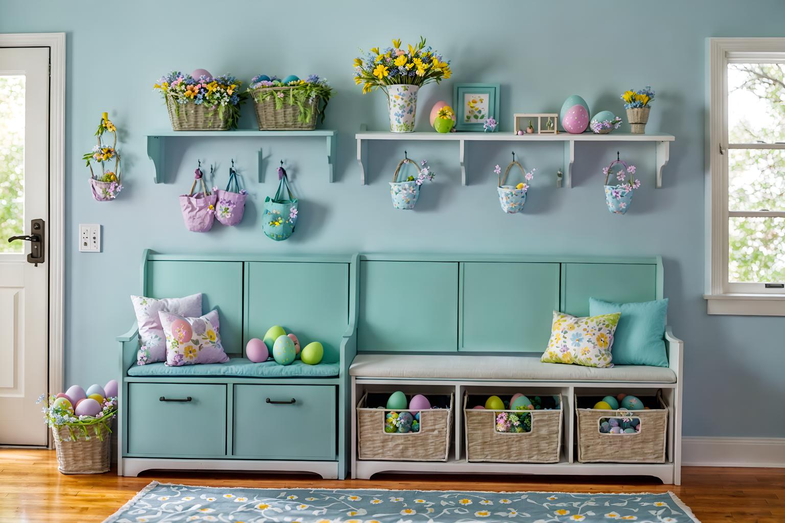 easter-style (drop zone interior) with cabinets and cubbies and storage drawers and shelves for shoes and a bench and high up storage and storage baskets and wall hooks for coats. . with flowers on table and spring decorations and light blue colors and colorful easter eggs and easter decorations and flowers on table. . cinematic photo, highly detailed, cinematic lighting, ultra-detailed, ultrarealistic, photorealism, 8k. easter interior design style. masterpiece, cinematic light, ultrarealistic+, photorealistic+, 8k, raw photo, realistic, sharp focus on eyes, (symmetrical eyes), (intact eyes), hyperrealistic, highest quality, best quality, , highly detailed, masterpiece, best quality, extremely detailed 8k wallpaper, masterpiece, best quality, ultra-detailed, best shadow, detailed background, detailed face, detailed eyes, high contrast, best illumination, detailed face, dulux, caustic, dynamic angle, detailed glow. dramatic lighting. highly detailed, insanely detailed hair, symmetrical, intricate details, professionally retouched, 8k high definition. strong bokeh. award winning photo.