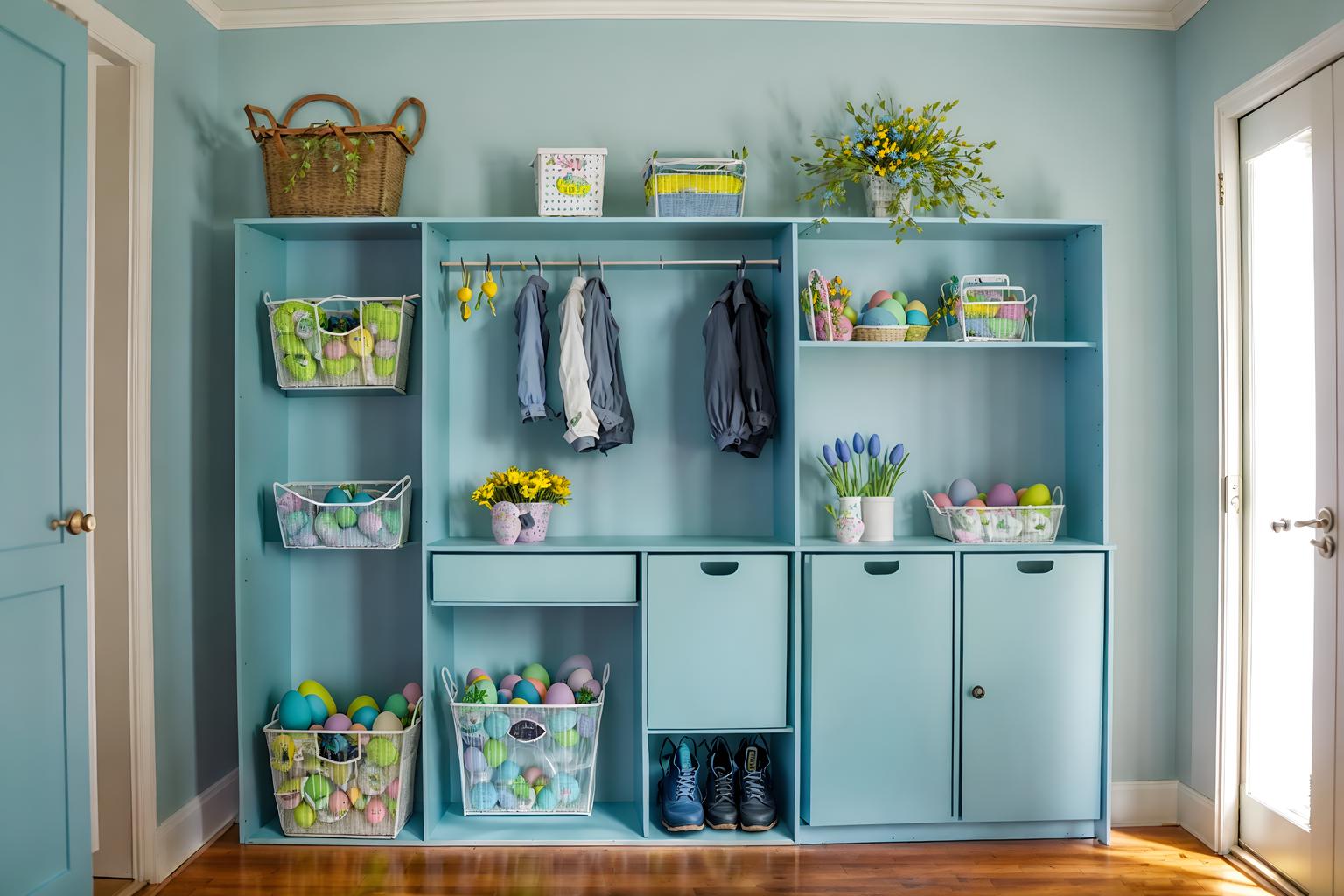 easter-style (drop zone interior) with cabinets and cubbies and storage drawers and shelves for shoes and a bench and high up storage and storage baskets and wall hooks for coats. . with flowers on table and spring decorations and light blue colors and colorful easter eggs and easter decorations and flowers on table. . cinematic photo, highly detailed, cinematic lighting, ultra-detailed, ultrarealistic, photorealism, 8k. easter interior design style. masterpiece, cinematic light, ultrarealistic+, photorealistic+, 8k, raw photo, realistic, sharp focus on eyes, (symmetrical eyes), (intact eyes), hyperrealistic, highest quality, best quality, , highly detailed, masterpiece, best quality, extremely detailed 8k wallpaper, masterpiece, best quality, ultra-detailed, best shadow, detailed background, detailed face, detailed eyes, high contrast, best illumination, detailed face, dulux, caustic, dynamic angle, detailed glow. dramatic lighting. highly detailed, insanely detailed hair, symmetrical, intricate details, professionally retouched, 8k high definition. strong bokeh. award winning photo.