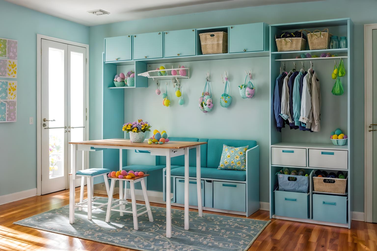 easter-style (drop zone interior) with cabinets and cubbies and storage drawers and shelves for shoes and a bench and high up storage and storage baskets and wall hooks for coats. . with flowers on table and spring decorations and light blue colors and colorful easter eggs and easter decorations and flowers on table. . cinematic photo, highly detailed, cinematic lighting, ultra-detailed, ultrarealistic, photorealism, 8k. easter interior design style. masterpiece, cinematic light, ultrarealistic+, photorealistic+, 8k, raw photo, realistic, sharp focus on eyes, (symmetrical eyes), (intact eyes), hyperrealistic, highest quality, best quality, , highly detailed, masterpiece, best quality, extremely detailed 8k wallpaper, masterpiece, best quality, ultra-detailed, best shadow, detailed background, detailed face, detailed eyes, high contrast, best illumination, detailed face, dulux, caustic, dynamic angle, detailed glow. dramatic lighting. highly detailed, insanely detailed hair, symmetrical, intricate details, professionally retouched, 8k high definition. strong bokeh. award winning photo.