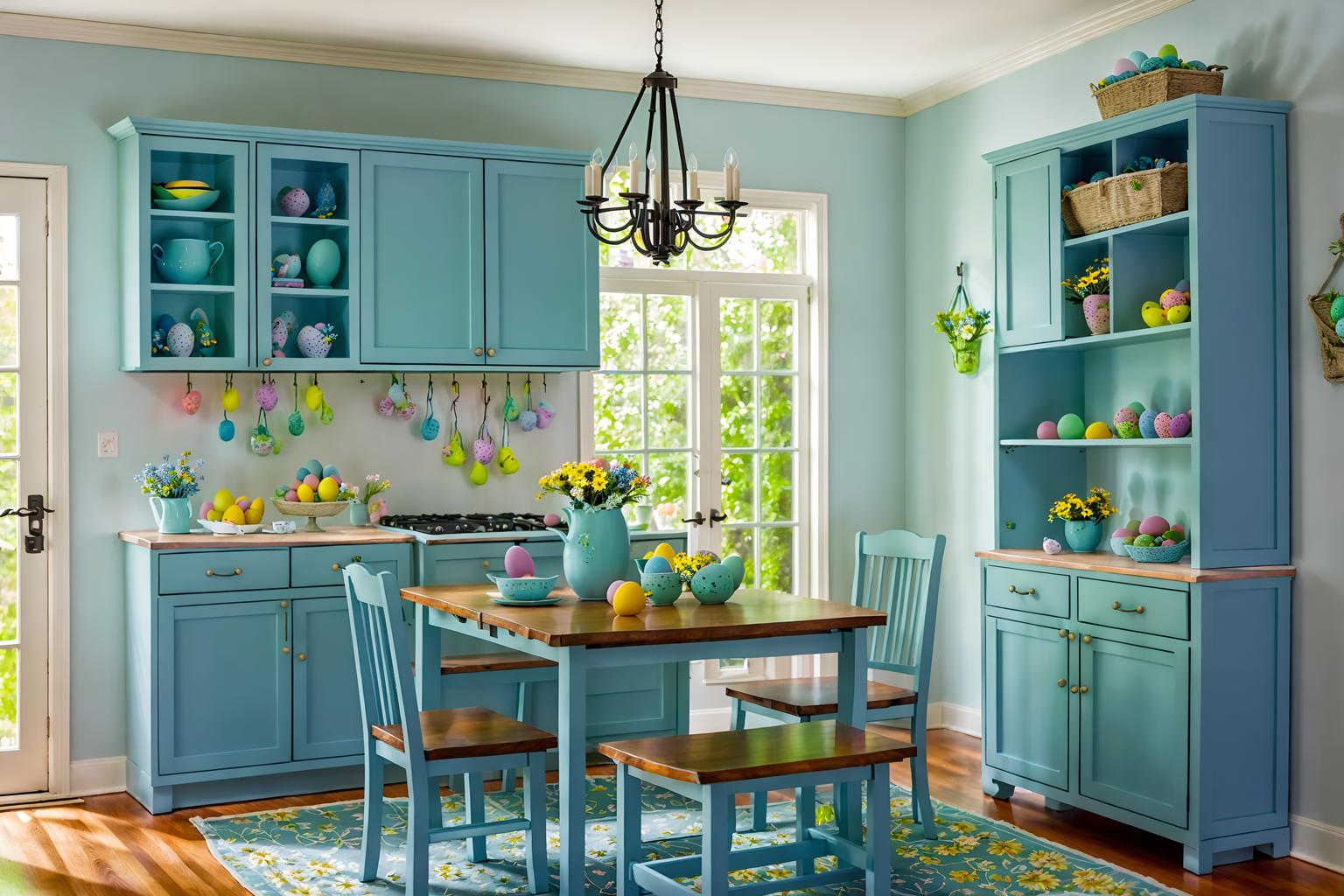 easter-style (drop zone interior) with cabinets and cubbies and storage drawers and shelves for shoes and a bench and high up storage and storage baskets and wall hooks for coats. . with flowers on table and spring decorations and light blue colors and colorful easter eggs and easter decorations and flowers on table. . cinematic photo, highly detailed, cinematic lighting, ultra-detailed, ultrarealistic, photorealism, 8k. easter interior design style. masterpiece, cinematic light, ultrarealistic+, photorealistic+, 8k, raw photo, realistic, sharp focus on eyes, (symmetrical eyes), (intact eyes), hyperrealistic, highest quality, best quality, , highly detailed, masterpiece, best quality, extremely detailed 8k wallpaper, masterpiece, best quality, ultra-detailed, best shadow, detailed background, detailed face, detailed eyes, high contrast, best illumination, detailed face, dulux, caustic, dynamic angle, detailed glow. dramatic lighting. highly detailed, insanely detailed hair, symmetrical, intricate details, professionally retouched, 8k high definition. strong bokeh. award winning photo.