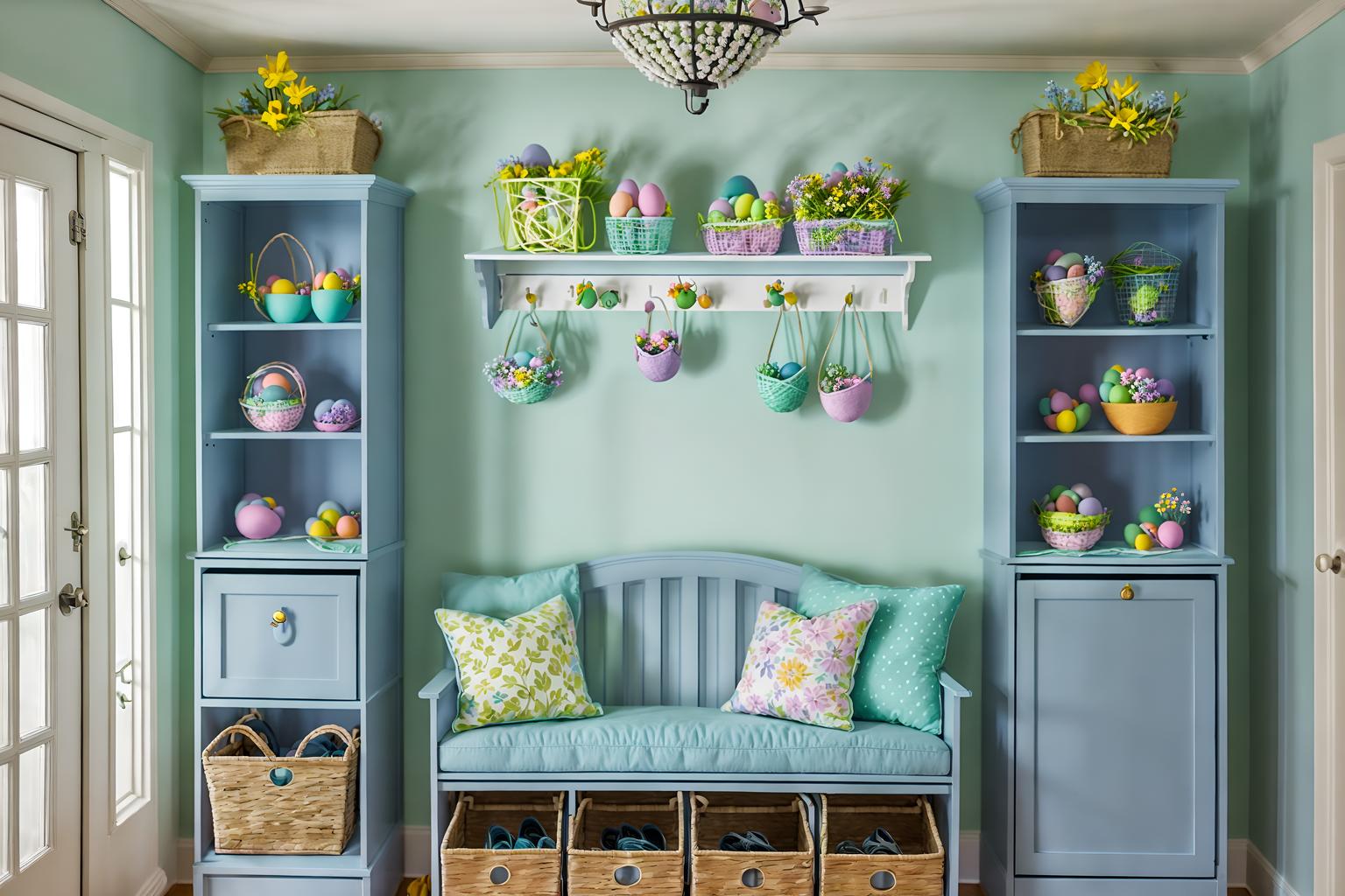 easter-style (drop zone interior) with cabinets and cubbies and storage drawers and shelves for shoes and a bench and high up storage and storage baskets and wall hooks for coats. . with flowers on table and spring decorations and light blue colors and colorful easter eggs and easter decorations and flowers on table. . cinematic photo, highly detailed, cinematic lighting, ultra-detailed, ultrarealistic, photorealism, 8k. easter interior design style. masterpiece, cinematic light, ultrarealistic+, photorealistic+, 8k, raw photo, realistic, sharp focus on eyes, (symmetrical eyes), (intact eyes), hyperrealistic, highest quality, best quality, , highly detailed, masterpiece, best quality, extremely detailed 8k wallpaper, masterpiece, best quality, ultra-detailed, best shadow, detailed background, detailed face, detailed eyes, high contrast, best illumination, detailed face, dulux, caustic, dynamic angle, detailed glow. dramatic lighting. highly detailed, insanely detailed hair, symmetrical, intricate details, professionally retouched, 8k high definition. strong bokeh. award winning photo.