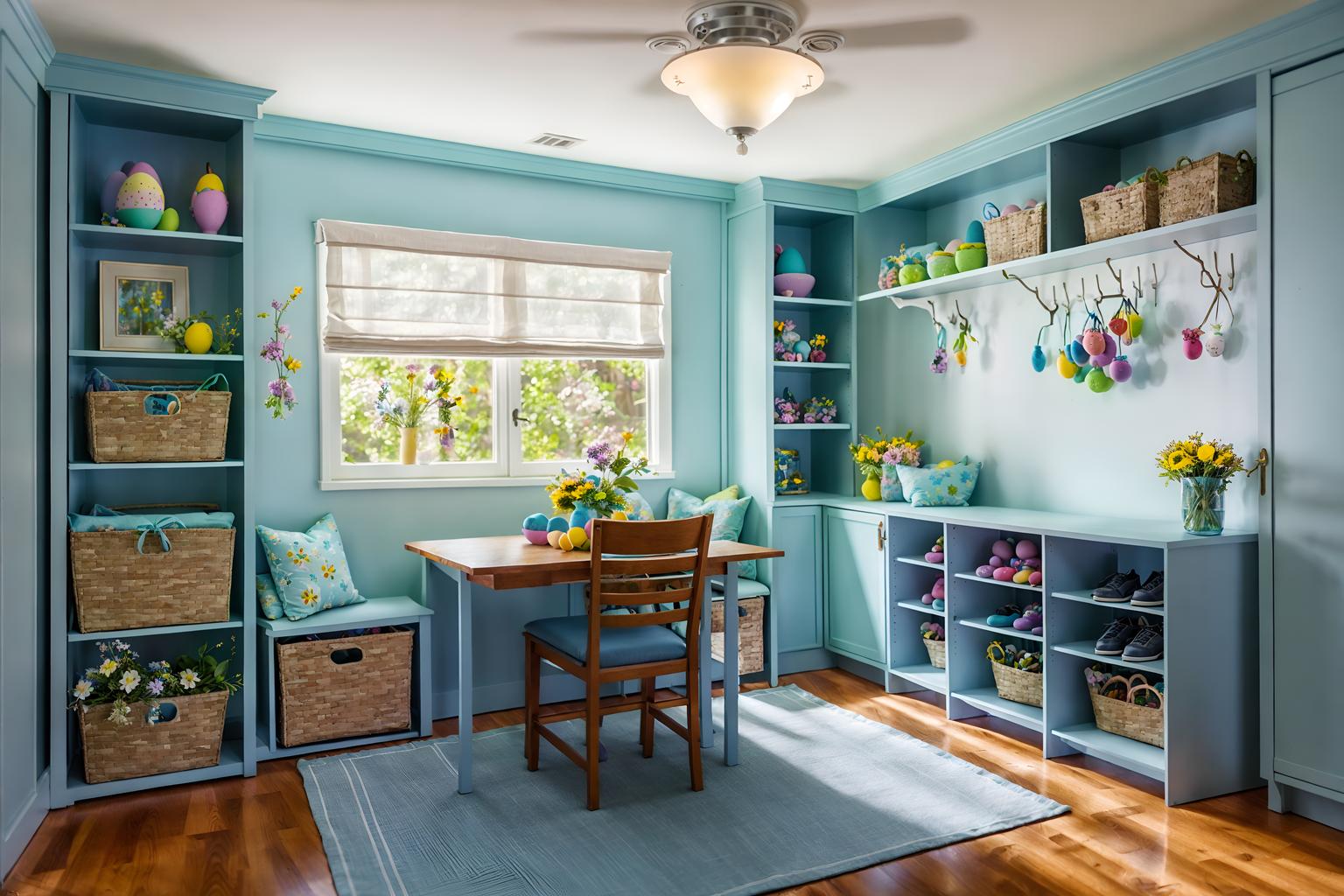 easter-style (drop zone interior) with cabinets and cubbies and storage drawers and shelves for shoes and a bench and high up storage and storage baskets and wall hooks for coats. . with flowers on table and spring decorations and light blue colors and colorful easter eggs and easter decorations and flowers on table. . cinematic photo, highly detailed, cinematic lighting, ultra-detailed, ultrarealistic, photorealism, 8k. easter interior design style. masterpiece, cinematic light, ultrarealistic+, photorealistic+, 8k, raw photo, realistic, sharp focus on eyes, (symmetrical eyes), (intact eyes), hyperrealistic, highest quality, best quality, , highly detailed, masterpiece, best quality, extremely detailed 8k wallpaper, masterpiece, best quality, ultra-detailed, best shadow, detailed background, detailed face, detailed eyes, high contrast, best illumination, detailed face, dulux, caustic, dynamic angle, detailed glow. dramatic lighting. highly detailed, insanely detailed hair, symmetrical, intricate details, professionally retouched, 8k high definition. strong bokeh. award winning photo.