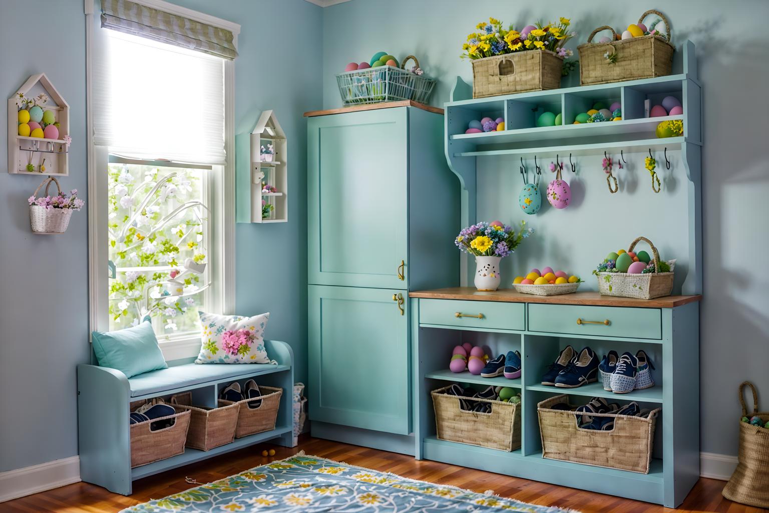 easter-style (drop zone interior) with cabinets and cubbies and storage drawers and shelves for shoes and a bench and high up storage and storage baskets and wall hooks for coats. . with flowers on table and spring decorations and light blue colors and colorful easter eggs and easter decorations and flowers on table. . cinematic photo, highly detailed, cinematic lighting, ultra-detailed, ultrarealistic, photorealism, 8k. easter interior design style. masterpiece, cinematic light, ultrarealistic+, photorealistic+, 8k, raw photo, realistic, sharp focus on eyes, (symmetrical eyes), (intact eyes), hyperrealistic, highest quality, best quality, , highly detailed, masterpiece, best quality, extremely detailed 8k wallpaper, masterpiece, best quality, ultra-detailed, best shadow, detailed background, detailed face, detailed eyes, high contrast, best illumination, detailed face, dulux, caustic, dynamic angle, detailed glow. dramatic lighting. highly detailed, insanely detailed hair, symmetrical, intricate details, professionally retouched, 8k high definition. strong bokeh. award winning photo.