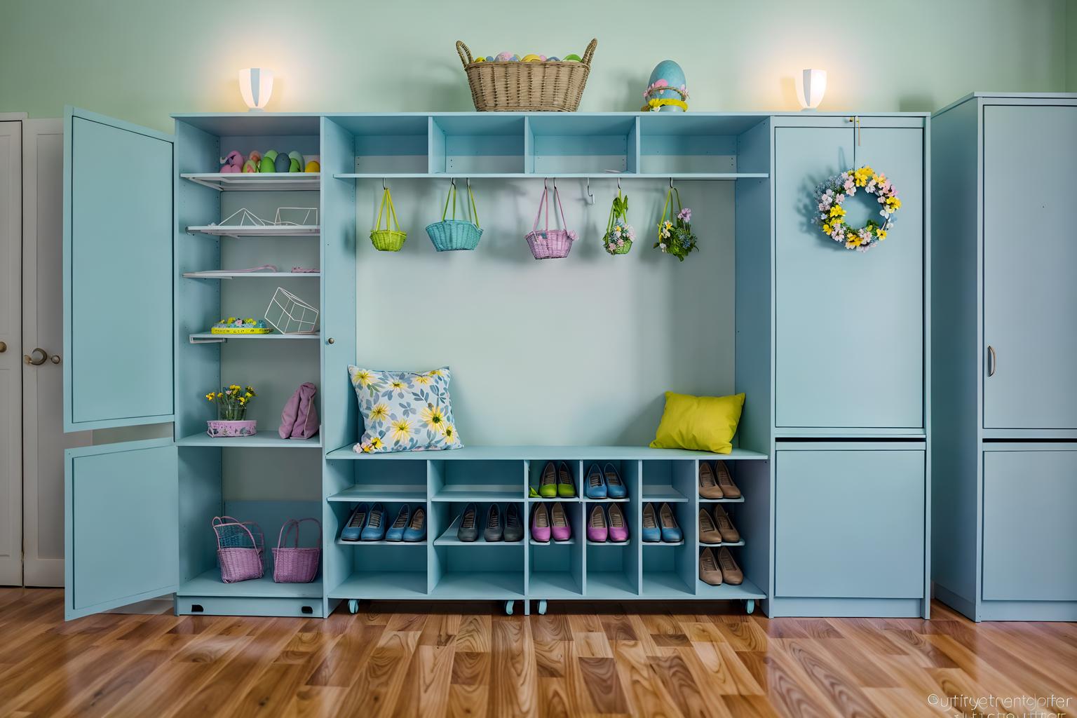 easter-style (drop zone interior) with cabinets and cubbies and storage drawers and shelves for shoes and a bench and high up storage and storage baskets and wall hooks for coats. . with flowers on table and spring decorations and light blue colors and colorful easter eggs and easter decorations and flowers on table. . cinematic photo, highly detailed, cinematic lighting, ultra-detailed, ultrarealistic, photorealism, 8k. easter interior design style. masterpiece, cinematic light, ultrarealistic+, photorealistic+, 8k, raw photo, realistic, sharp focus on eyes, (symmetrical eyes), (intact eyes), hyperrealistic, highest quality, best quality, , highly detailed, masterpiece, best quality, extremely detailed 8k wallpaper, masterpiece, best quality, ultra-detailed, best shadow, detailed background, detailed face, detailed eyes, high contrast, best illumination, detailed face, dulux, caustic, dynamic angle, detailed glow. dramatic lighting. highly detailed, insanely detailed hair, symmetrical, intricate details, professionally retouched, 8k high definition. strong bokeh. award winning photo.