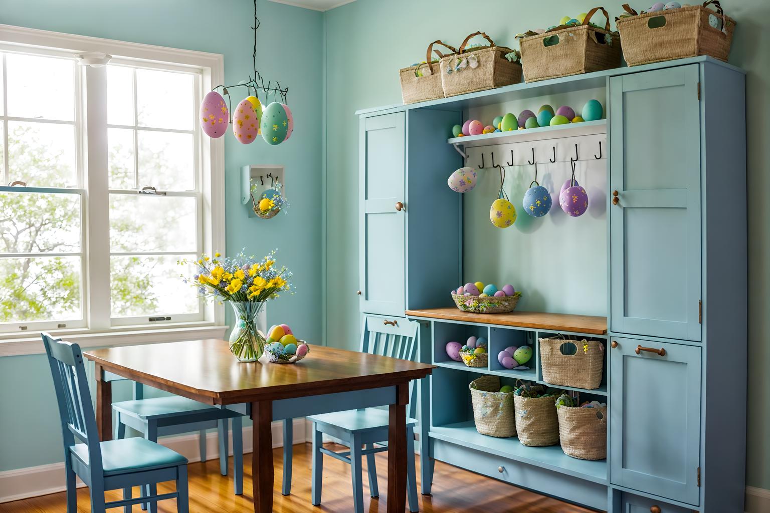 easter-style (drop zone interior) with cabinets and cubbies and storage drawers and shelves for shoes and a bench and high up storage and storage baskets and wall hooks for coats. . with flowers on table and spring decorations and light blue colors and colorful easter eggs and easter decorations and flowers on table. . cinematic photo, highly detailed, cinematic lighting, ultra-detailed, ultrarealistic, photorealism, 8k. easter interior design style. masterpiece, cinematic light, ultrarealistic+, photorealistic+, 8k, raw photo, realistic, sharp focus on eyes, (symmetrical eyes), (intact eyes), hyperrealistic, highest quality, best quality, , highly detailed, masterpiece, best quality, extremely detailed 8k wallpaper, masterpiece, best quality, ultra-detailed, best shadow, detailed background, detailed face, detailed eyes, high contrast, best illumination, detailed face, dulux, caustic, dynamic angle, detailed glow. dramatic lighting. highly detailed, insanely detailed hair, symmetrical, intricate details, professionally retouched, 8k high definition. strong bokeh. award winning photo.