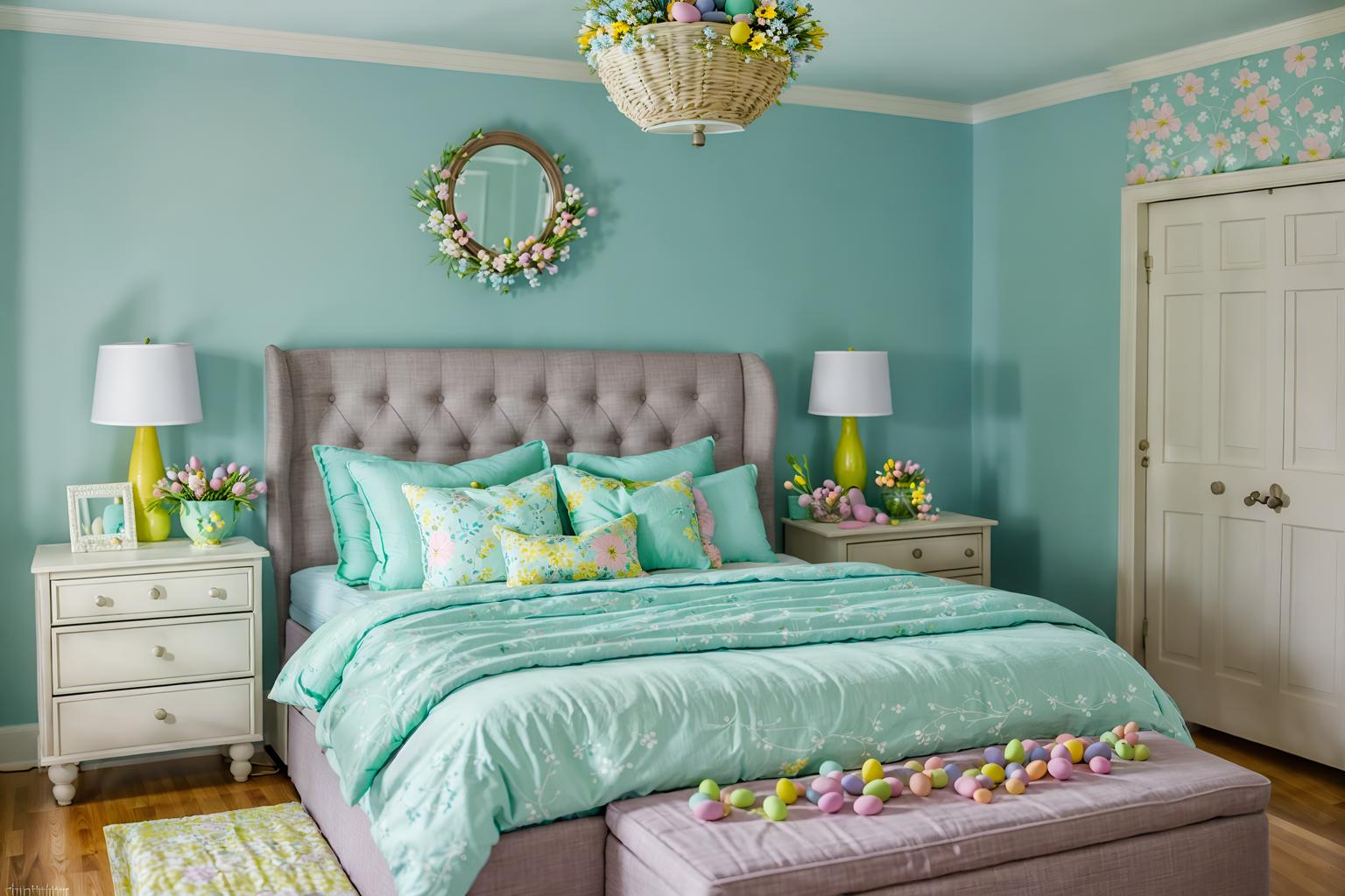 easter-style (bedroom interior) with accent chair and storage bench or ottoman and bed and night light and headboard and dresser closet and bedside table or night stand and mirror. . with flowers on table and spring decorations and light blue colors and easter decorations and colorful easter eggs and flowers on table. . cinematic photo, highly detailed, cinematic lighting, ultra-detailed, ultrarealistic, photorealism, 8k. easter interior design style. masterpiece, cinematic light, ultrarealistic+, photorealistic+, 8k, raw photo, realistic, sharp focus on eyes, (symmetrical eyes), (intact eyes), hyperrealistic, highest quality, best quality, , highly detailed, masterpiece, best quality, extremely detailed 8k wallpaper, masterpiece, best quality, ultra-detailed, best shadow, detailed background, detailed face, detailed eyes, high contrast, best illumination, detailed face, dulux, caustic, dynamic angle, detailed glow. dramatic lighting. highly detailed, insanely detailed hair, symmetrical, intricate details, professionally retouched, 8k high definition. strong bokeh. award winning photo.