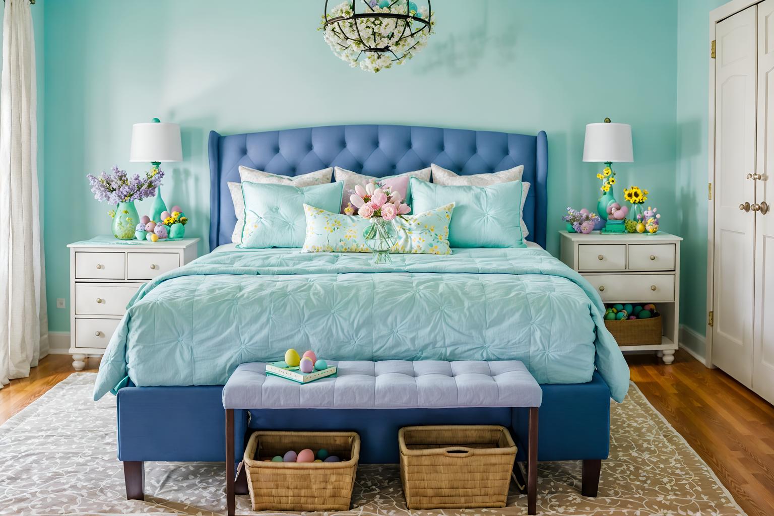 easter-style (bedroom interior) with accent chair and storage bench or ottoman and bed and night light and headboard and dresser closet and bedside table or night stand and mirror. . with flowers on table and spring decorations and light blue colors and easter decorations and colorful easter eggs and flowers on table. . cinematic photo, highly detailed, cinematic lighting, ultra-detailed, ultrarealistic, photorealism, 8k. easter interior design style. masterpiece, cinematic light, ultrarealistic+, photorealistic+, 8k, raw photo, realistic, sharp focus on eyes, (symmetrical eyes), (intact eyes), hyperrealistic, highest quality, best quality, , highly detailed, masterpiece, best quality, extremely detailed 8k wallpaper, masterpiece, best quality, ultra-detailed, best shadow, detailed background, detailed face, detailed eyes, high contrast, best illumination, detailed face, dulux, caustic, dynamic angle, detailed glow. dramatic lighting. highly detailed, insanely detailed hair, symmetrical, intricate details, professionally retouched, 8k high definition. strong bokeh. award winning photo.