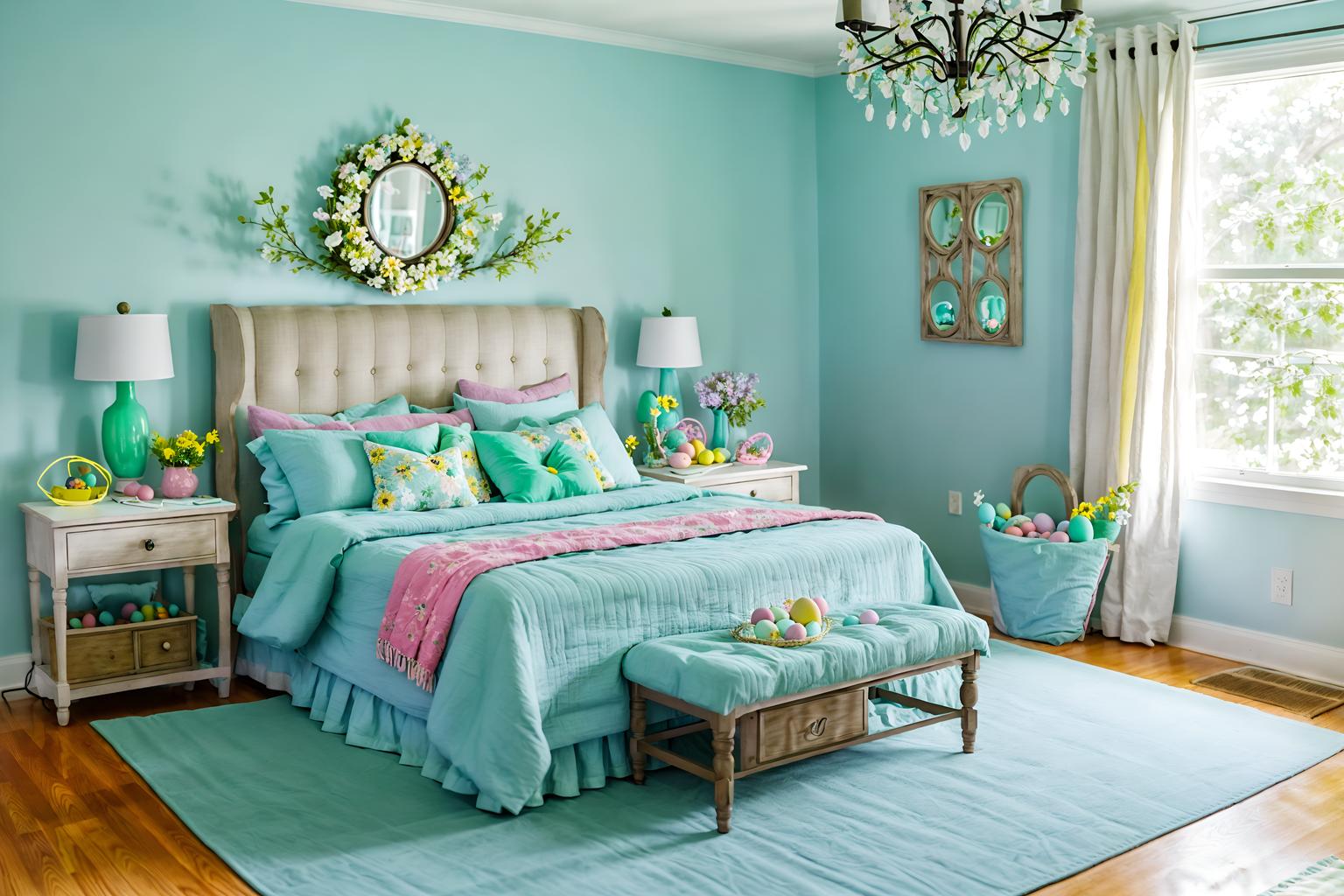 easter-style (bedroom interior) with accent chair and storage bench or ottoman and bed and night light and headboard and dresser closet and bedside table or night stand and mirror. . with flowers on table and spring decorations and light blue colors and easter decorations and colorful easter eggs and flowers on table. . cinematic photo, highly detailed, cinematic lighting, ultra-detailed, ultrarealistic, photorealism, 8k. easter interior design style. masterpiece, cinematic light, ultrarealistic+, photorealistic+, 8k, raw photo, realistic, sharp focus on eyes, (symmetrical eyes), (intact eyes), hyperrealistic, highest quality, best quality, , highly detailed, masterpiece, best quality, extremely detailed 8k wallpaper, masterpiece, best quality, ultra-detailed, best shadow, detailed background, detailed face, detailed eyes, high contrast, best illumination, detailed face, dulux, caustic, dynamic angle, detailed glow. dramatic lighting. highly detailed, insanely detailed hair, symmetrical, intricate details, professionally retouched, 8k high definition. strong bokeh. award winning photo.