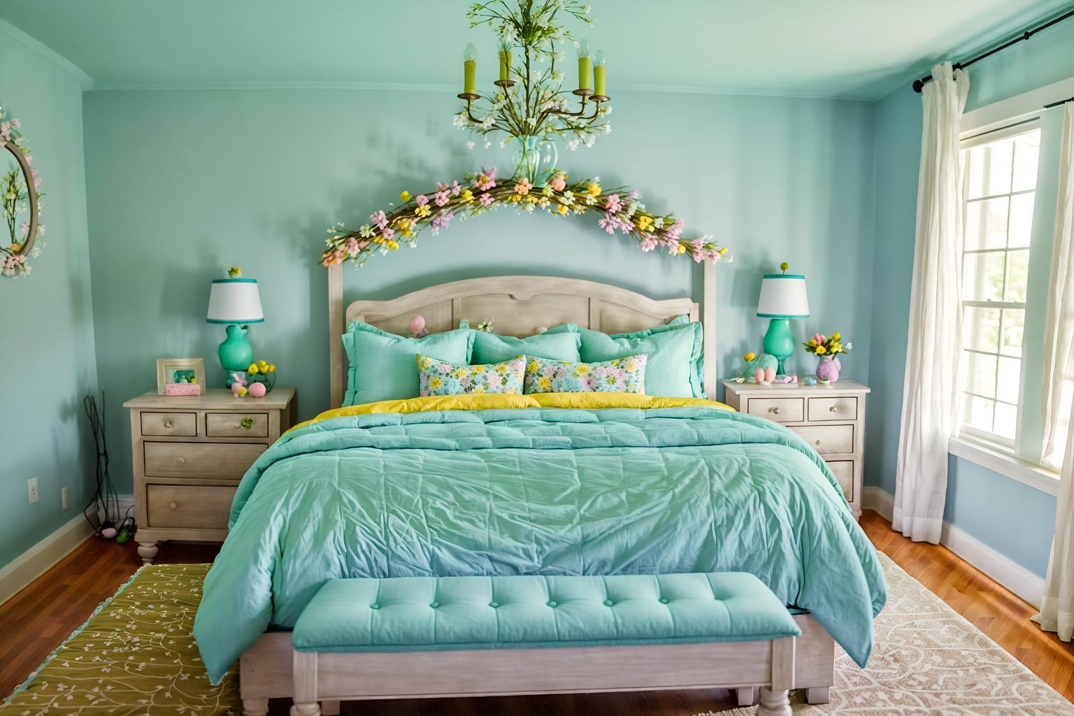 easter-style (bedroom interior) with accent chair and storage bench or ottoman and bed and night light and headboard and dresser closet and bedside table or night stand and mirror. . with flowers on table and spring decorations and light blue colors and easter decorations and colorful easter eggs and flowers on table. . cinematic photo, highly detailed, cinematic lighting, ultra-detailed, ultrarealistic, photorealism, 8k. easter interior design style. masterpiece, cinematic light, ultrarealistic+, photorealistic+, 8k, raw photo, realistic, sharp focus on eyes, (symmetrical eyes), (intact eyes), hyperrealistic, highest quality, best quality, , highly detailed, masterpiece, best quality, extremely detailed 8k wallpaper, masterpiece, best quality, ultra-detailed, best shadow, detailed background, detailed face, detailed eyes, high contrast, best illumination, detailed face, dulux, caustic, dynamic angle, detailed glow. dramatic lighting. highly detailed, insanely detailed hair, symmetrical, intricate details, professionally retouched, 8k high definition. strong bokeh. award winning photo.