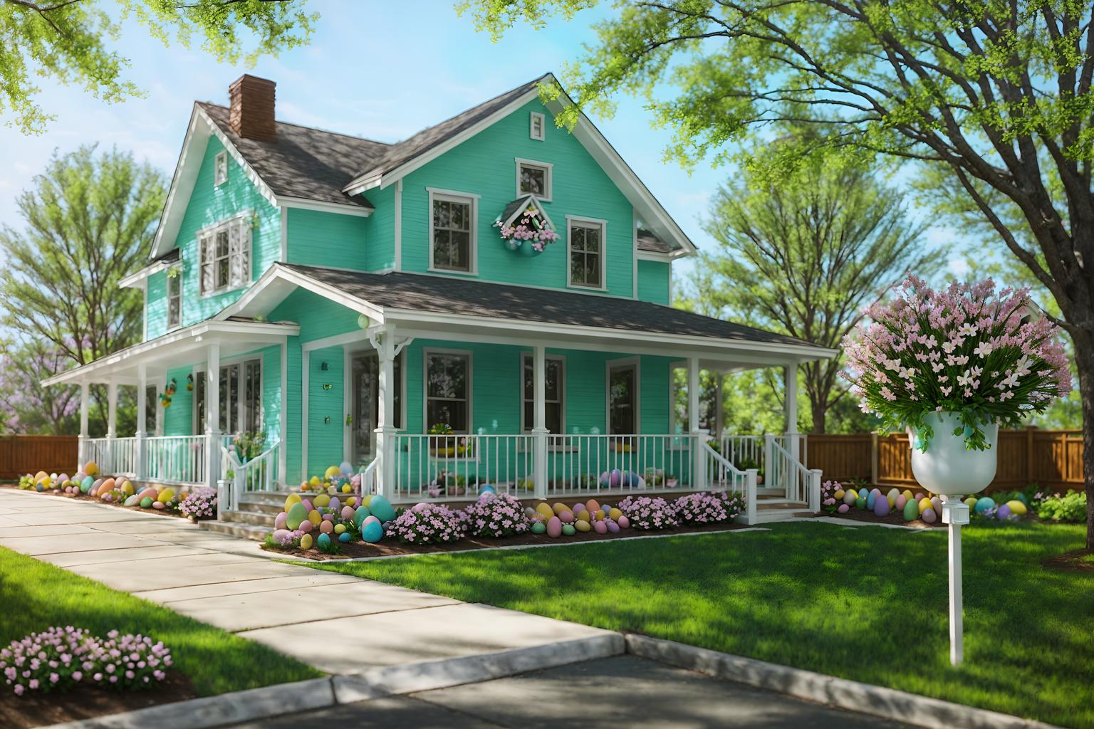 easter-style exterior designed (house exterior exterior) . with spring decorations and colorful easter eggs and light blue colors and easter decorations and flowers on table and spring decorations. . cinematic photo, highly detailed, cinematic lighting, ultra-detailed, ultrarealistic, photorealism, 8k. easter exterior design style. masterpiece, cinematic light, ultrarealistic+, photorealistic+, 8k, raw photo, realistic, sharp focus on eyes, (symmetrical eyes), (intact eyes), hyperrealistic, highest quality, best quality, , highly detailed, masterpiece, best quality, extremely detailed 8k wallpaper, masterpiece, best quality, ultra-detailed, best shadow, detailed background, detailed face, detailed eyes, high contrast, best illumination, detailed face, dulux, caustic, dynamic angle, detailed glow. dramatic lighting. highly detailed, insanely detailed hair, symmetrical, intricate details, professionally retouched, 8k high definition. strong bokeh. award winning photo.