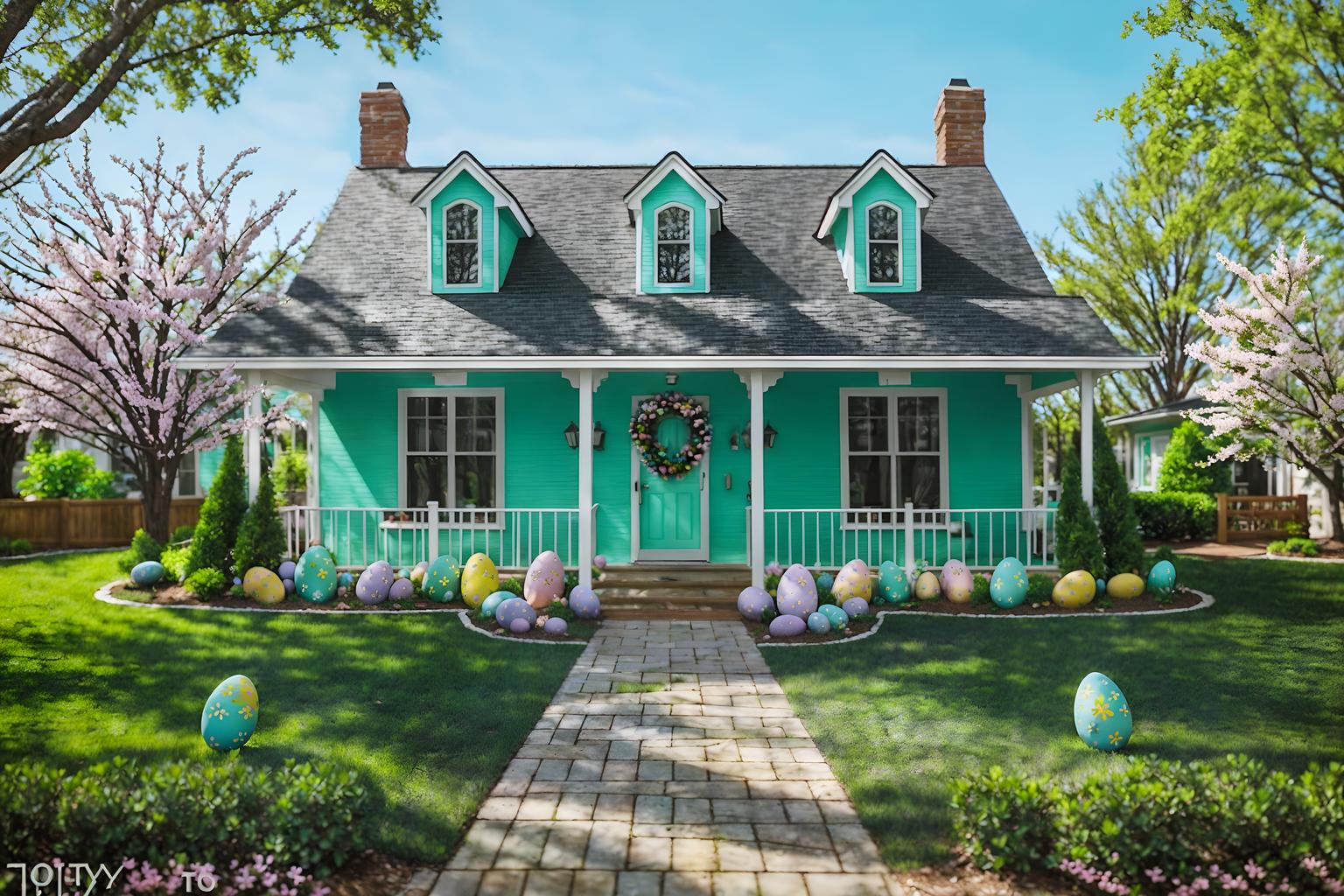 easter-style exterior designed (house exterior exterior) . with spring decorations and colorful easter eggs and light blue colors and easter decorations and flowers on table and spring decorations. . cinematic photo, highly detailed, cinematic lighting, ultra-detailed, ultrarealistic, photorealism, 8k. easter exterior design style. masterpiece, cinematic light, ultrarealistic+, photorealistic+, 8k, raw photo, realistic, sharp focus on eyes, (symmetrical eyes), (intact eyes), hyperrealistic, highest quality, best quality, , highly detailed, masterpiece, best quality, extremely detailed 8k wallpaper, masterpiece, best quality, ultra-detailed, best shadow, detailed background, detailed face, detailed eyes, high contrast, best illumination, detailed face, dulux, caustic, dynamic angle, detailed glow. dramatic lighting. highly detailed, insanely detailed hair, symmetrical, intricate details, professionally retouched, 8k high definition. strong bokeh. award winning photo.