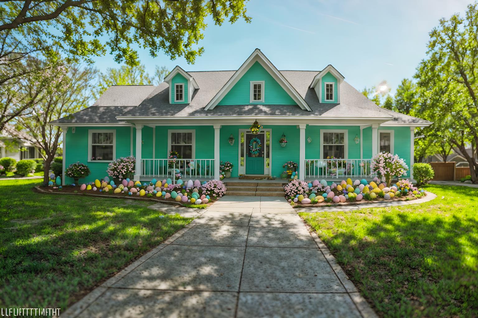 easter-style exterior designed (house exterior exterior) . with spring decorations and colorful easter eggs and light blue colors and easter decorations and flowers on table and spring decorations. . cinematic photo, highly detailed, cinematic lighting, ultra-detailed, ultrarealistic, photorealism, 8k. easter exterior design style. masterpiece, cinematic light, ultrarealistic+, photorealistic+, 8k, raw photo, realistic, sharp focus on eyes, (symmetrical eyes), (intact eyes), hyperrealistic, highest quality, best quality, , highly detailed, masterpiece, best quality, extremely detailed 8k wallpaper, masterpiece, best quality, ultra-detailed, best shadow, detailed background, detailed face, detailed eyes, high contrast, best illumination, detailed face, dulux, caustic, dynamic angle, detailed glow. dramatic lighting. highly detailed, insanely detailed hair, symmetrical, intricate details, professionally retouched, 8k high definition. strong bokeh. award winning photo.