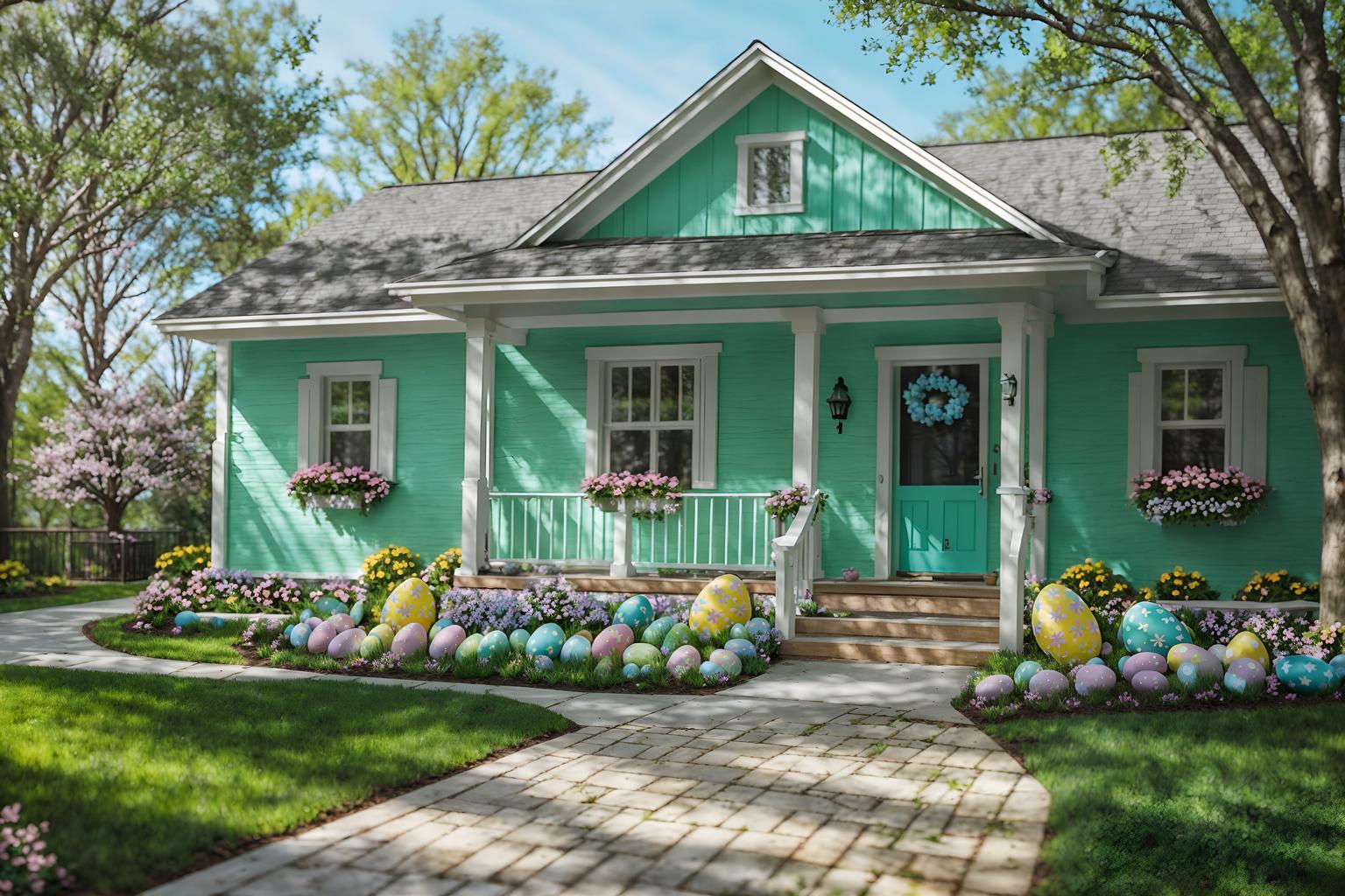 easter-style exterior designed (house exterior exterior) . with spring decorations and colorful easter eggs and light blue colors and easter decorations and flowers on table and spring decorations. . cinematic photo, highly detailed, cinematic lighting, ultra-detailed, ultrarealistic, photorealism, 8k. easter exterior design style. masterpiece, cinematic light, ultrarealistic+, photorealistic+, 8k, raw photo, realistic, sharp focus on eyes, (symmetrical eyes), (intact eyes), hyperrealistic, highest quality, best quality, , highly detailed, masterpiece, best quality, extremely detailed 8k wallpaper, masterpiece, best quality, ultra-detailed, best shadow, detailed background, detailed face, detailed eyes, high contrast, best illumination, detailed face, dulux, caustic, dynamic angle, detailed glow. dramatic lighting. highly detailed, insanely detailed hair, symmetrical, intricate details, professionally retouched, 8k high definition. strong bokeh. award winning photo.