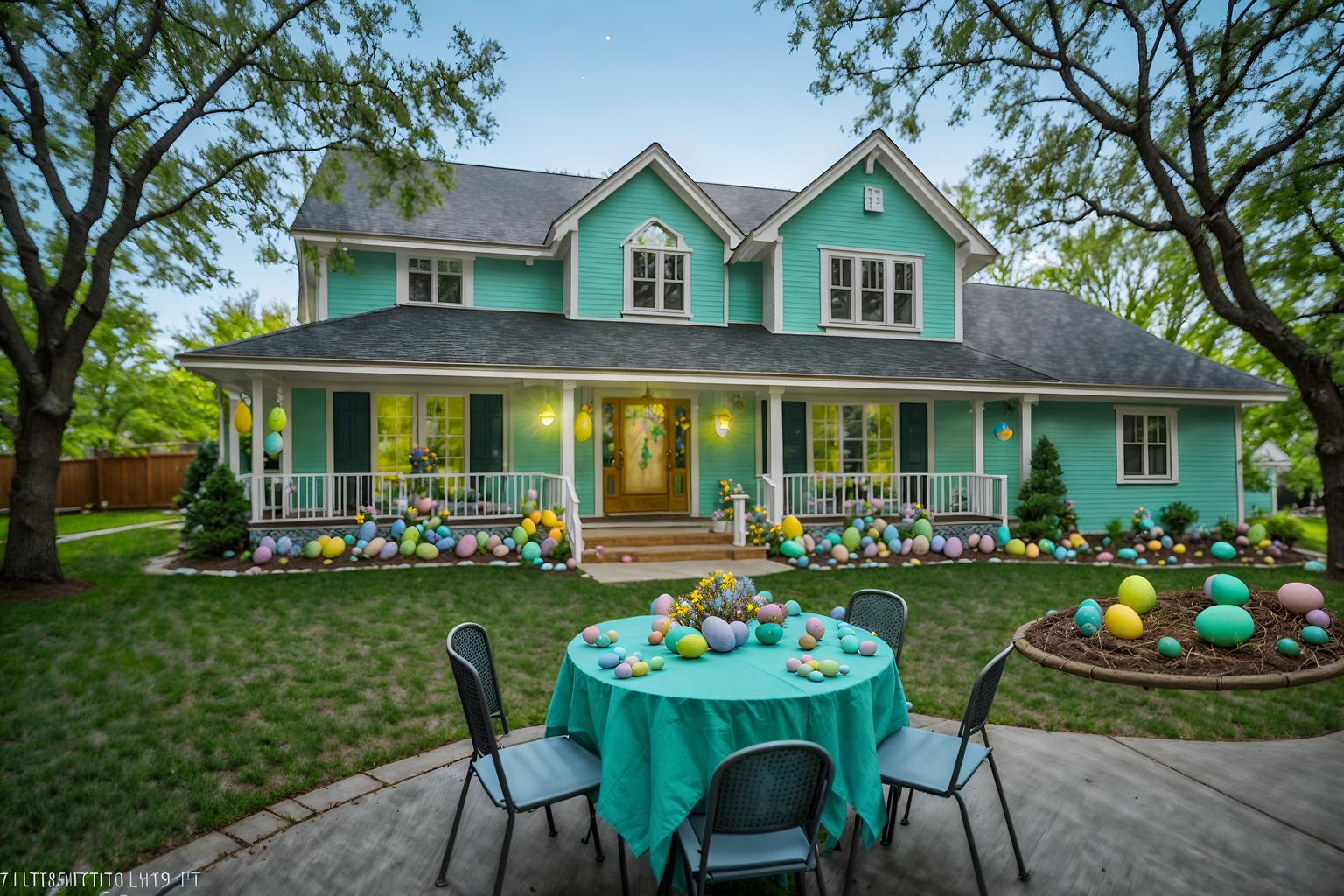 easter-style exterior designed (house exterior exterior) . with spring decorations and colorful easter eggs and light blue colors and easter decorations and flowers on table and spring decorations. . cinematic photo, highly detailed, cinematic lighting, ultra-detailed, ultrarealistic, photorealism, 8k. easter exterior design style. masterpiece, cinematic light, ultrarealistic+, photorealistic+, 8k, raw photo, realistic, sharp focus on eyes, (symmetrical eyes), (intact eyes), hyperrealistic, highest quality, best quality, , highly detailed, masterpiece, best quality, extremely detailed 8k wallpaper, masterpiece, best quality, ultra-detailed, best shadow, detailed background, detailed face, detailed eyes, high contrast, best illumination, detailed face, dulux, caustic, dynamic angle, detailed glow. dramatic lighting. highly detailed, insanely detailed hair, symmetrical, intricate details, professionally retouched, 8k high definition. strong bokeh. award winning photo.