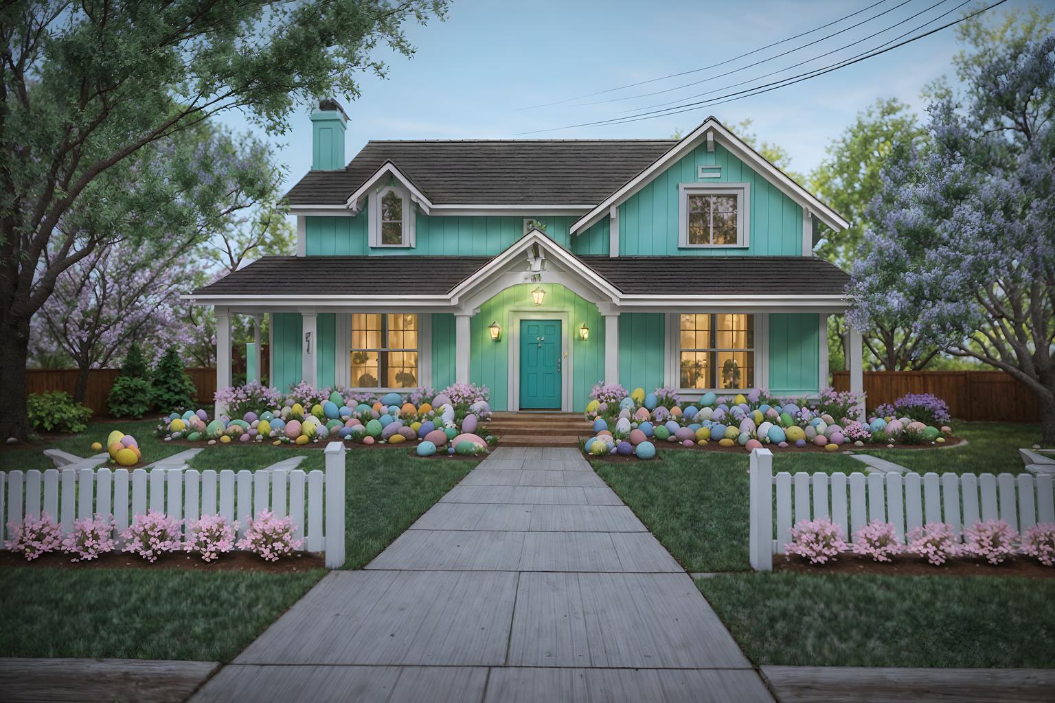 easter-style exterior designed (house exterior exterior) . with spring decorations and colorful easter eggs and light blue colors and easter decorations and flowers on table and spring decorations. . cinematic photo, highly detailed, cinematic lighting, ultra-detailed, ultrarealistic, photorealism, 8k. easter exterior design style. masterpiece, cinematic light, ultrarealistic+, photorealistic+, 8k, raw photo, realistic, sharp focus on eyes, (symmetrical eyes), (intact eyes), hyperrealistic, highest quality, best quality, , highly detailed, masterpiece, best quality, extremely detailed 8k wallpaper, masterpiece, best quality, ultra-detailed, best shadow, detailed background, detailed face, detailed eyes, high contrast, best illumination, detailed face, dulux, caustic, dynamic angle, detailed glow. dramatic lighting. highly detailed, insanely detailed hair, symmetrical, intricate details, professionally retouched, 8k high definition. strong bokeh. award winning photo.